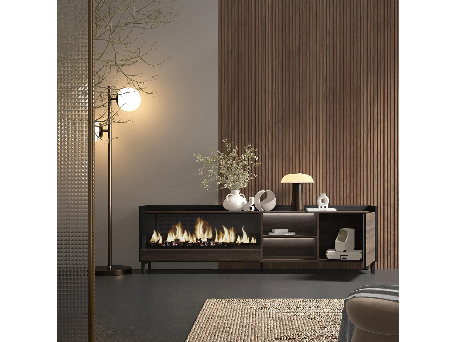 TV-Schrank, Lowboard, 212x61x35 cm, Für TV-Geräte bis zu 80", Elektrokamin XXL, Industriedesign, LED, Dunkler Eiche und Schwarz