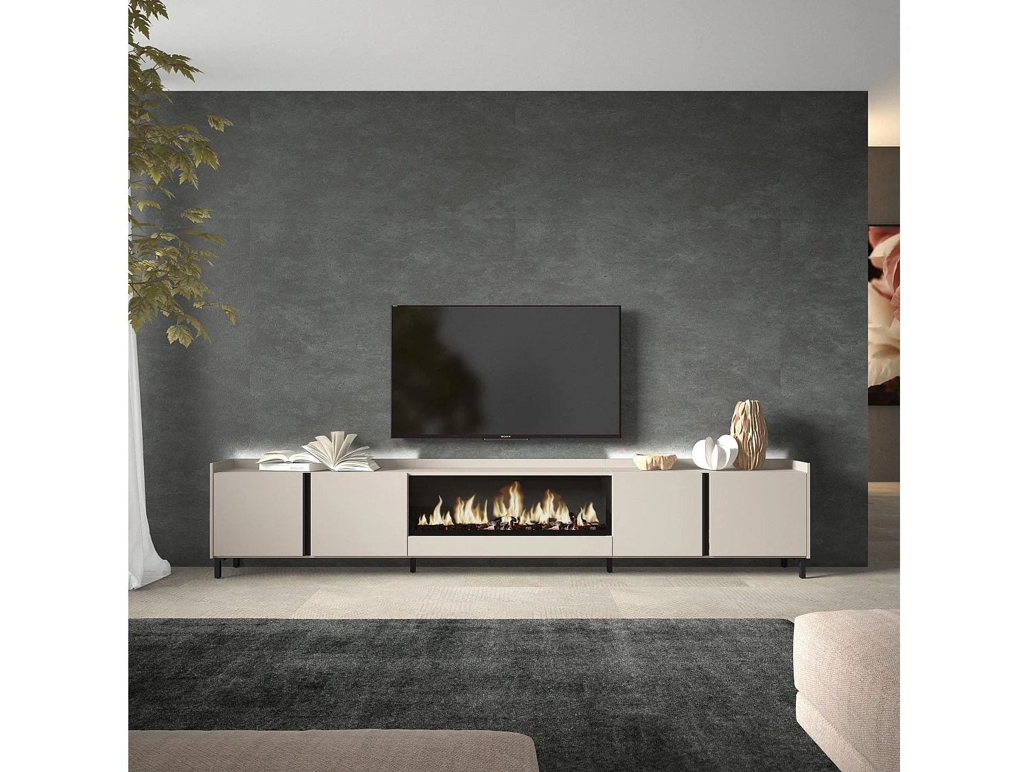 TV-Meubel, Lowboard, 315x61x35 cm, Voor tv's tot 80", Elektrische haard XXL, Industrieel design, LED, Beige