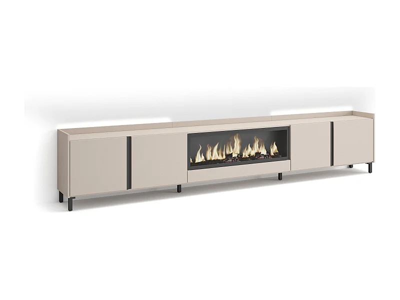 Mobile TV Soggiorno, 315x61x35 cm, Per TV fino a 80", Camino elettrico XXL, Design industriale, LED, Beige