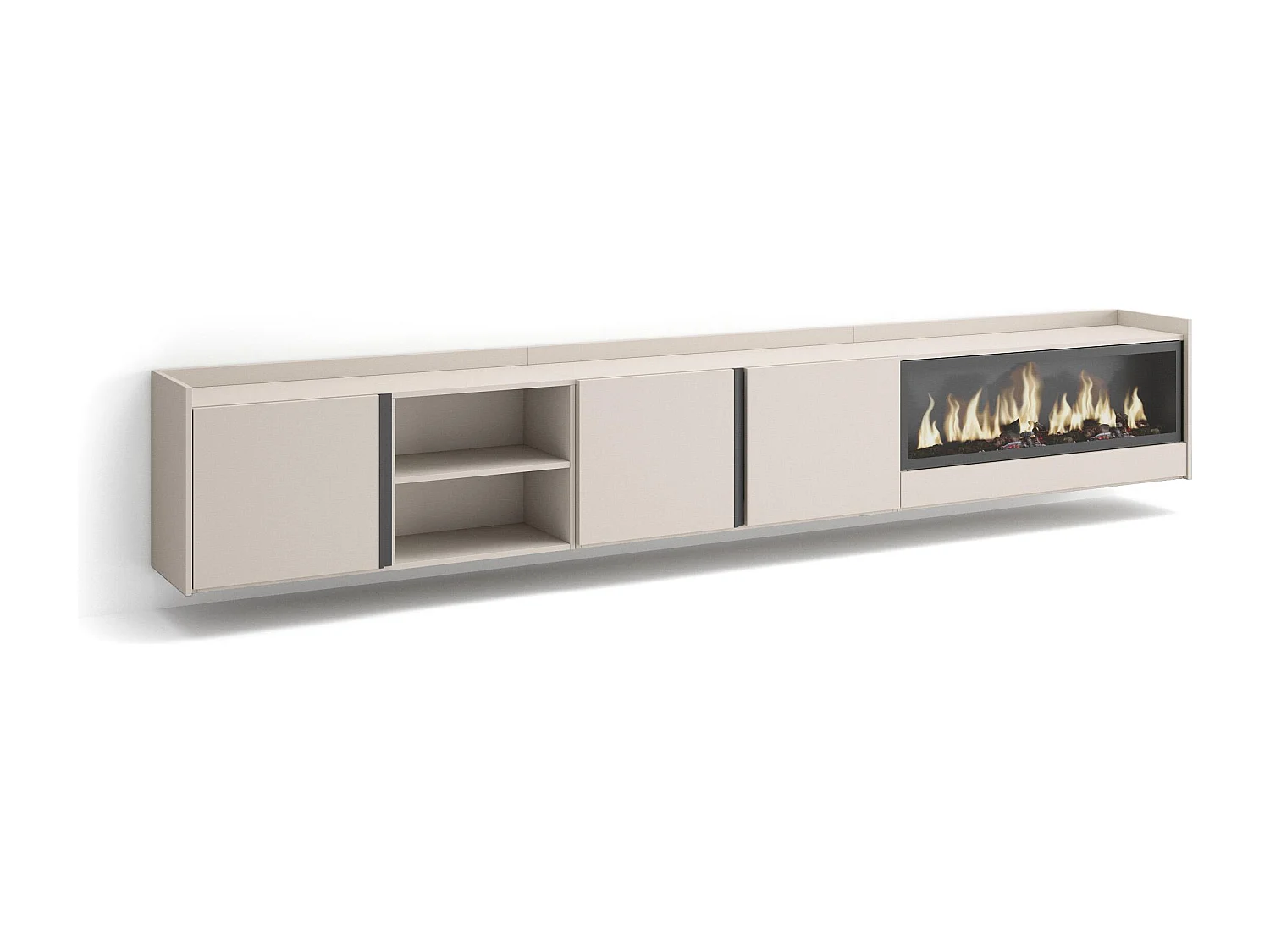 TV-Schrank, Lowboard, 315x50x35 cm, Für TV-Geräte bis zu 80", Elektrokamin XXL, Hängend, Beige
