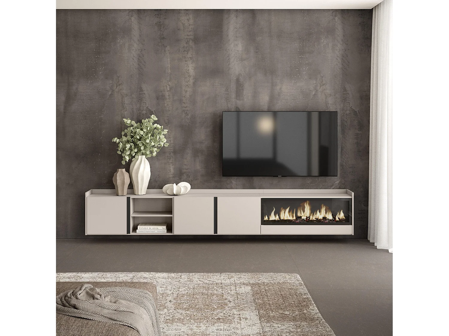TV-Schrank, Lowboard, 315x50x35 cm, Für TV-Geräte bis zu 80", Elektrokamin XXL, Hängend, Beige