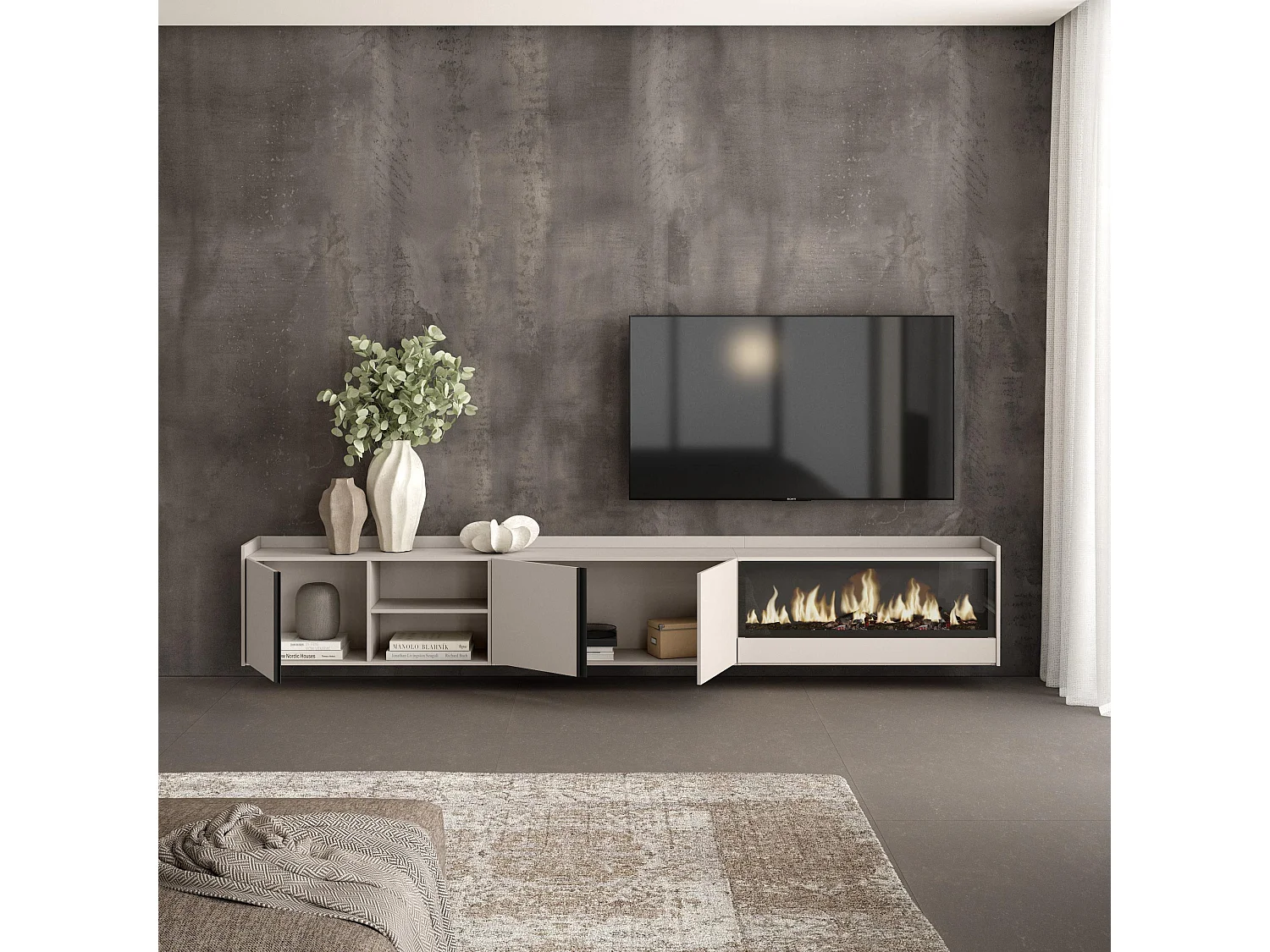 TV-Schrank, Lowboard, 315x50x35 cm, Für TV-Geräte bis zu 80", Elektrokamin XXL, Hängend, Beige