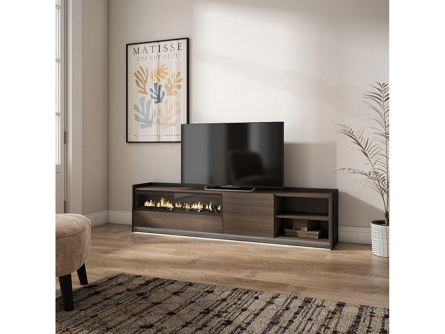 TV-Meubel, Lowboard, 207x50x37 cm, Voor tv's tot 80", Elektrische haard, LED, Donkere eik en Zwart