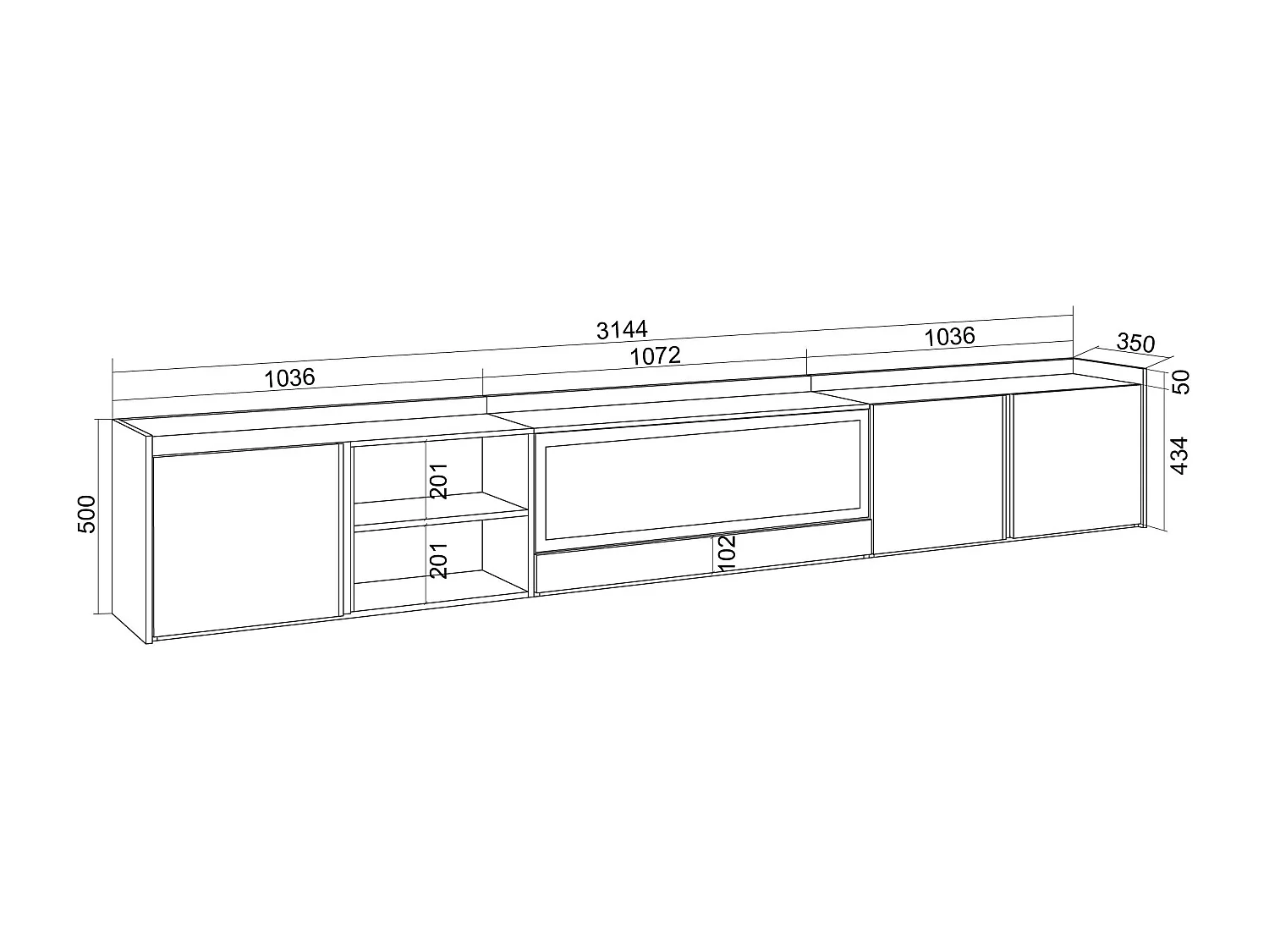 TV-Meubel, Lowboard, 315x50x35 cm, Voor tv's tot 80", Elektrische haard XXL, Hangend, LED, Zwart/Eiken
