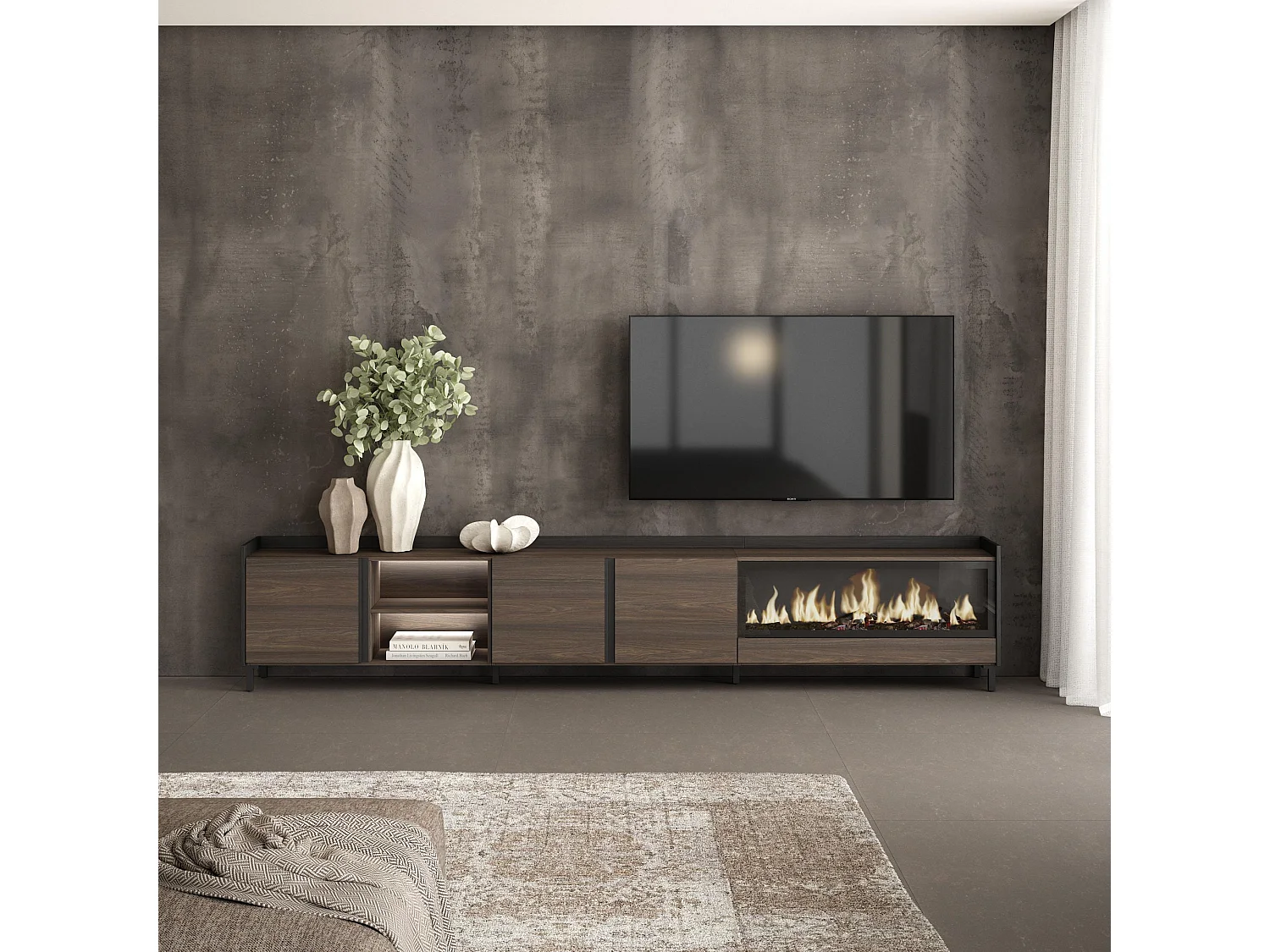 TV-Schrank, Lowboard, 315x61x35 cm, Für TV-Geräte bis zu 80", Elektrokamin XXL, Industriedesign, LED, Dunkler Eiche und Schwarz