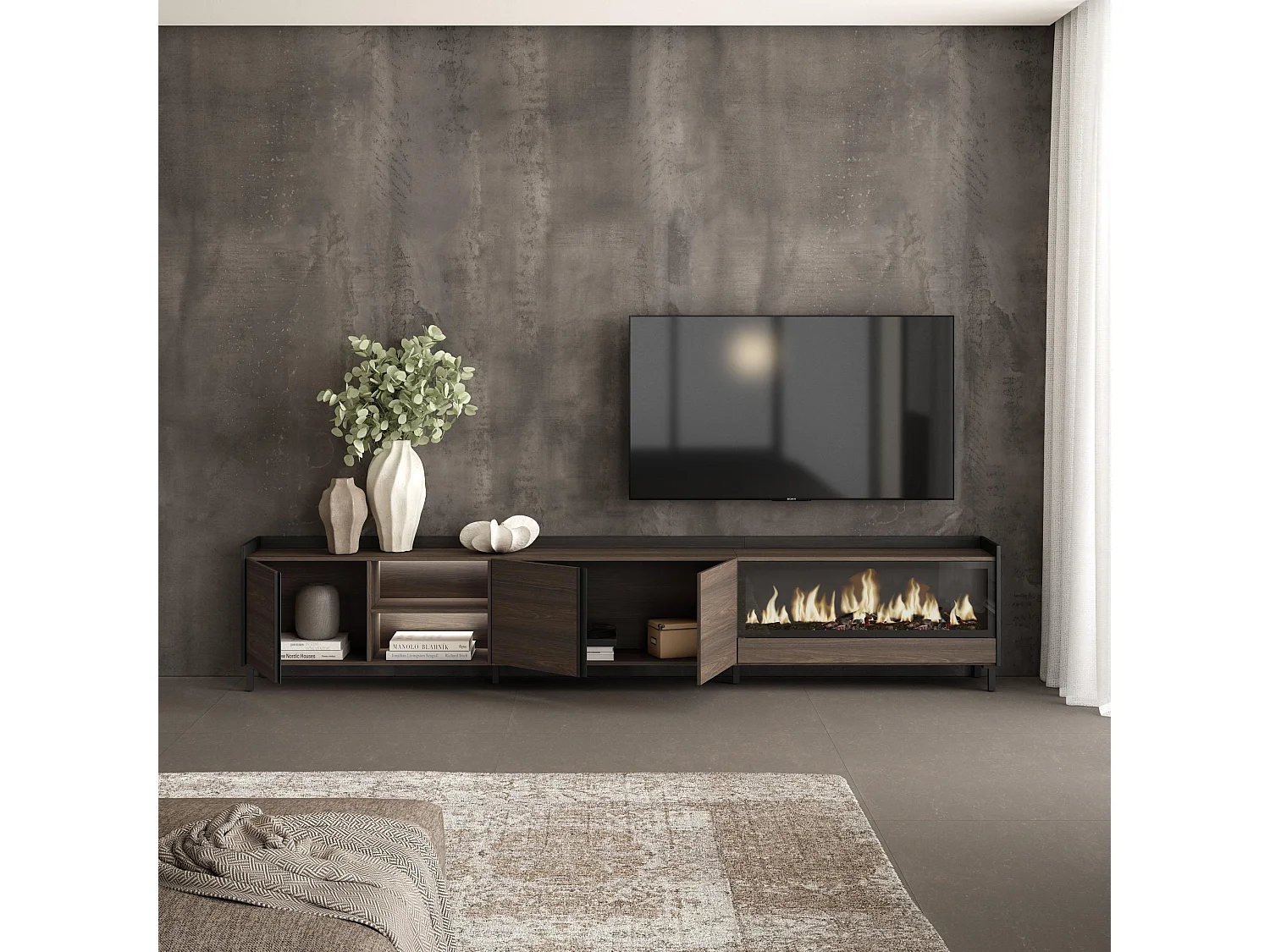 TV-Schrank, Lowboard, 315x61x35 cm, Für TV-Geräte bis zu 80", Elektrokamin XXL, Industriedesign, LED, Dunkler Eiche und Schwarz