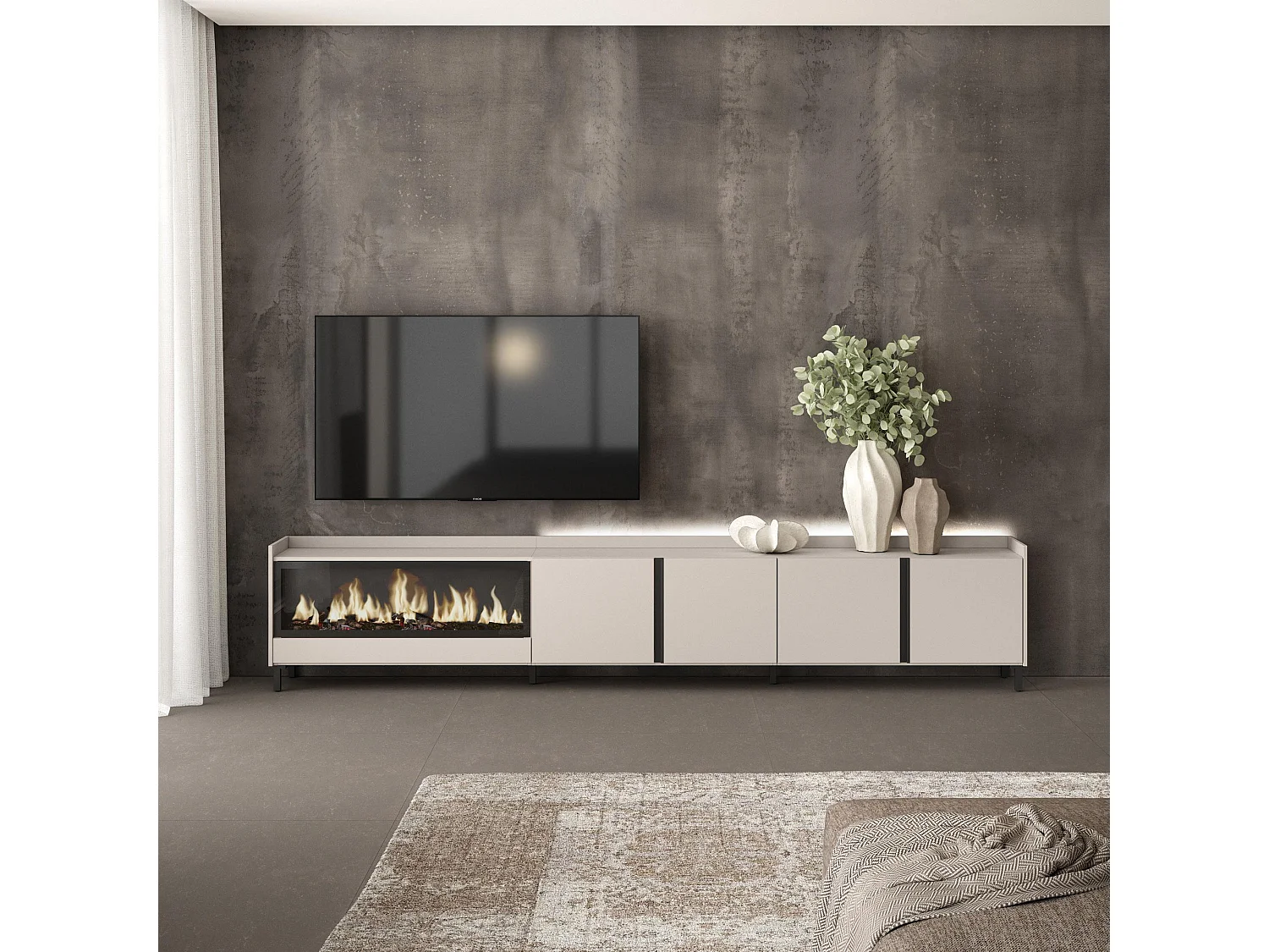 TV-Schrank, Lowboard, 315x61x35 cm, Für TV-Geräte bis zu 80", Elektrokamin XXL, Industriedesign, LED, Beige
