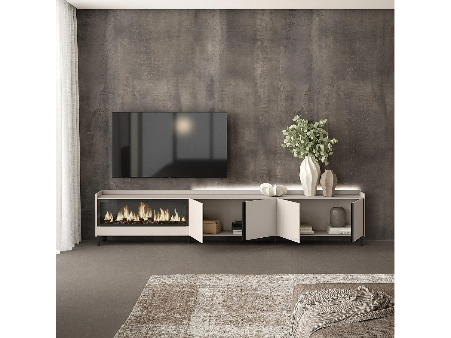TV-Schrank, Lowboard, 315x61x35 cm, Für TV-Geräte bis zu 80", Elektrokamin XXL, Industriedesign, LED, Beige