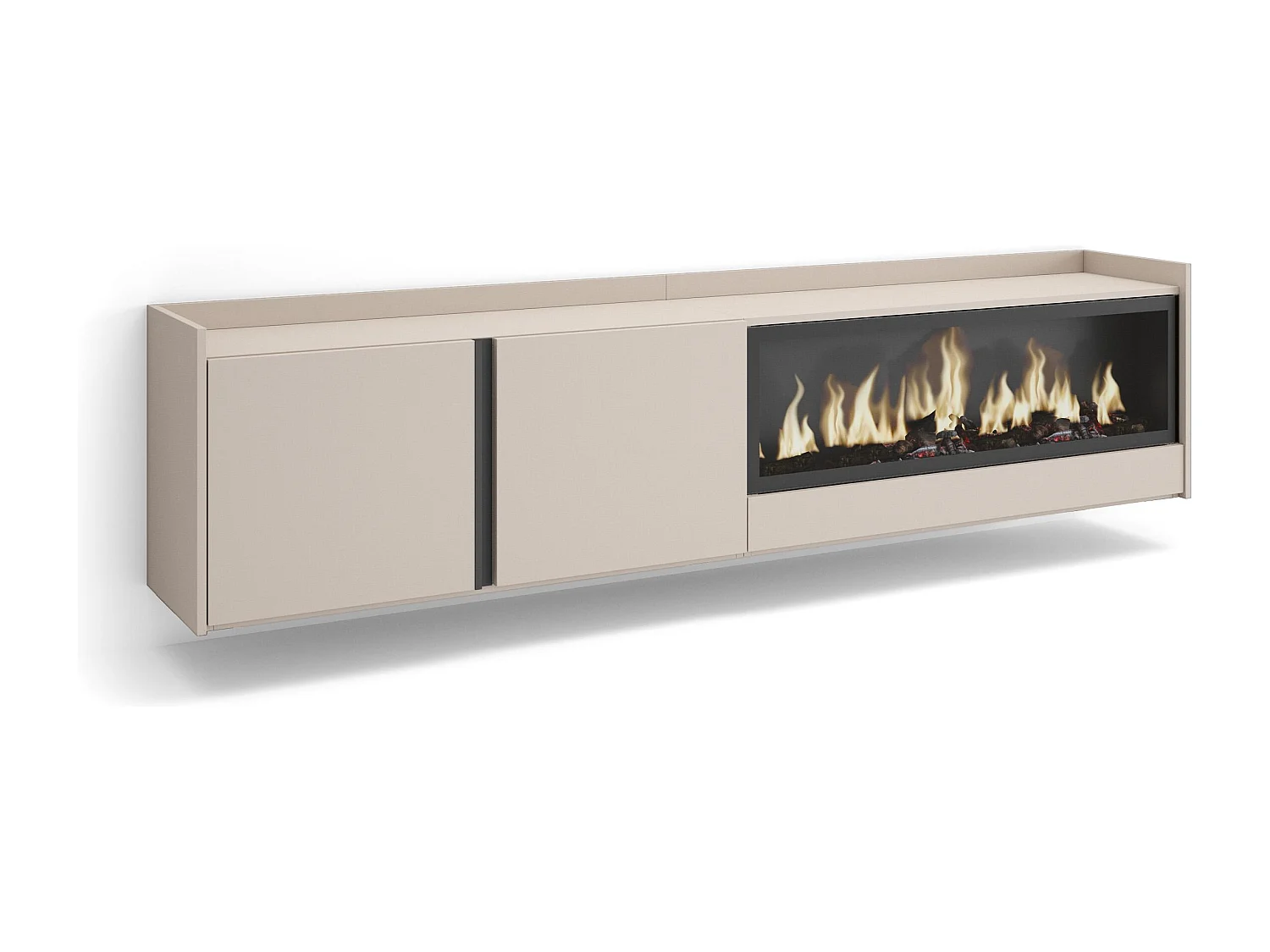 TV-Schrank, Lowboard, 212x50x35 cm, Für TV-Geräte bis zu 80", Elektrokamin XXL, Hängend, Beige