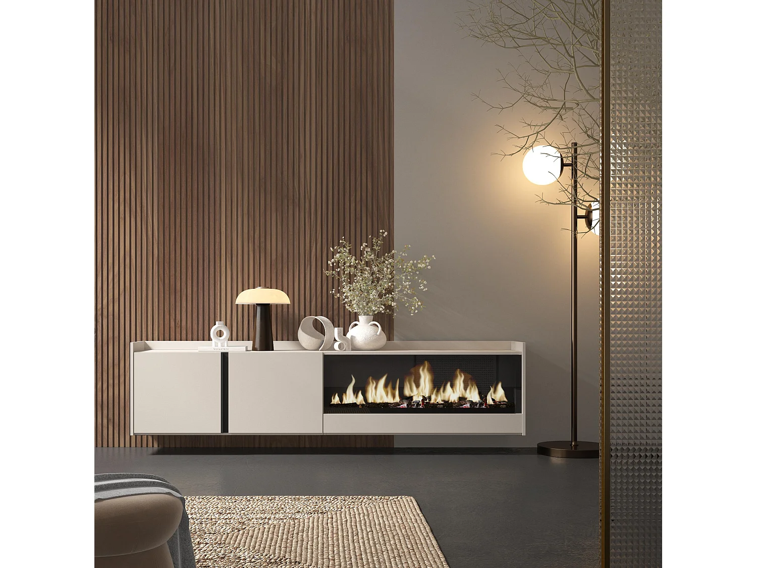 TV-Schrank, Lowboard, 212x50x35 cm, Für TV-Geräte bis zu 80", Elektrokamin XXL, Hängend, Beige