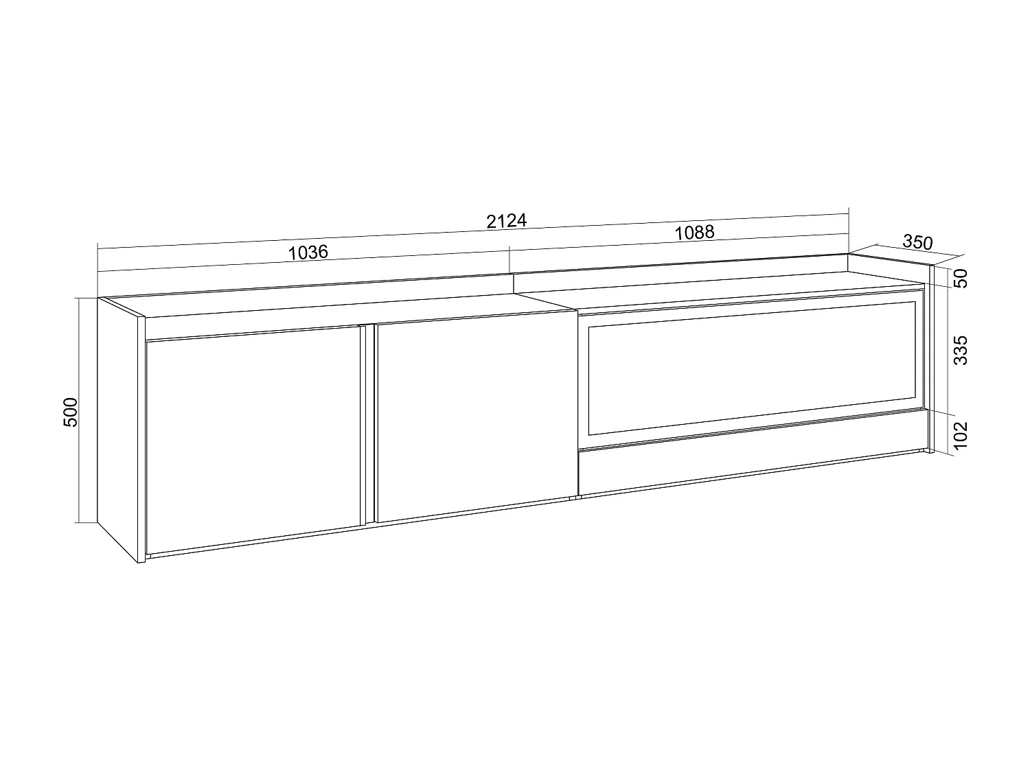 TV-Schrank, Lowboard, 212x50x35 cm, Für TV-Geräte bis zu 80", Elektrokamin XXL, Hängend, Beige