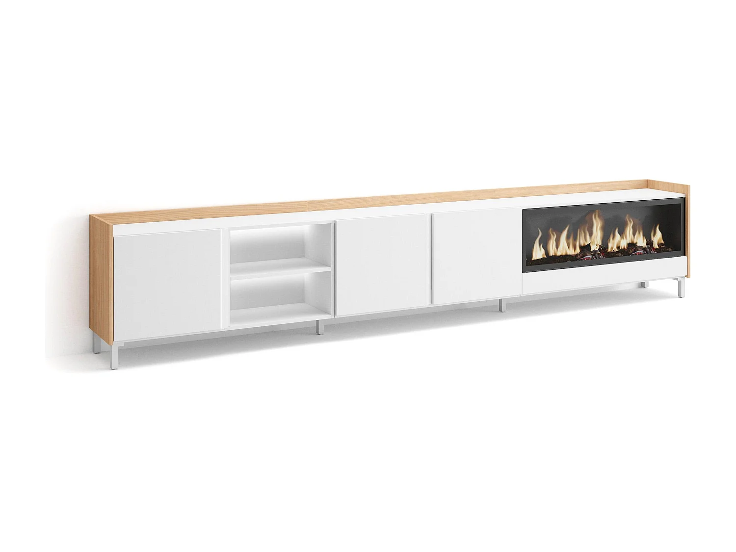 TV-Schrank, Lowboard, 315x61x35 cm, Für TV-Geräte bis zu 80", Elektrokamin XXL, Industriedesign, LED, Weiß und Eiche Soft