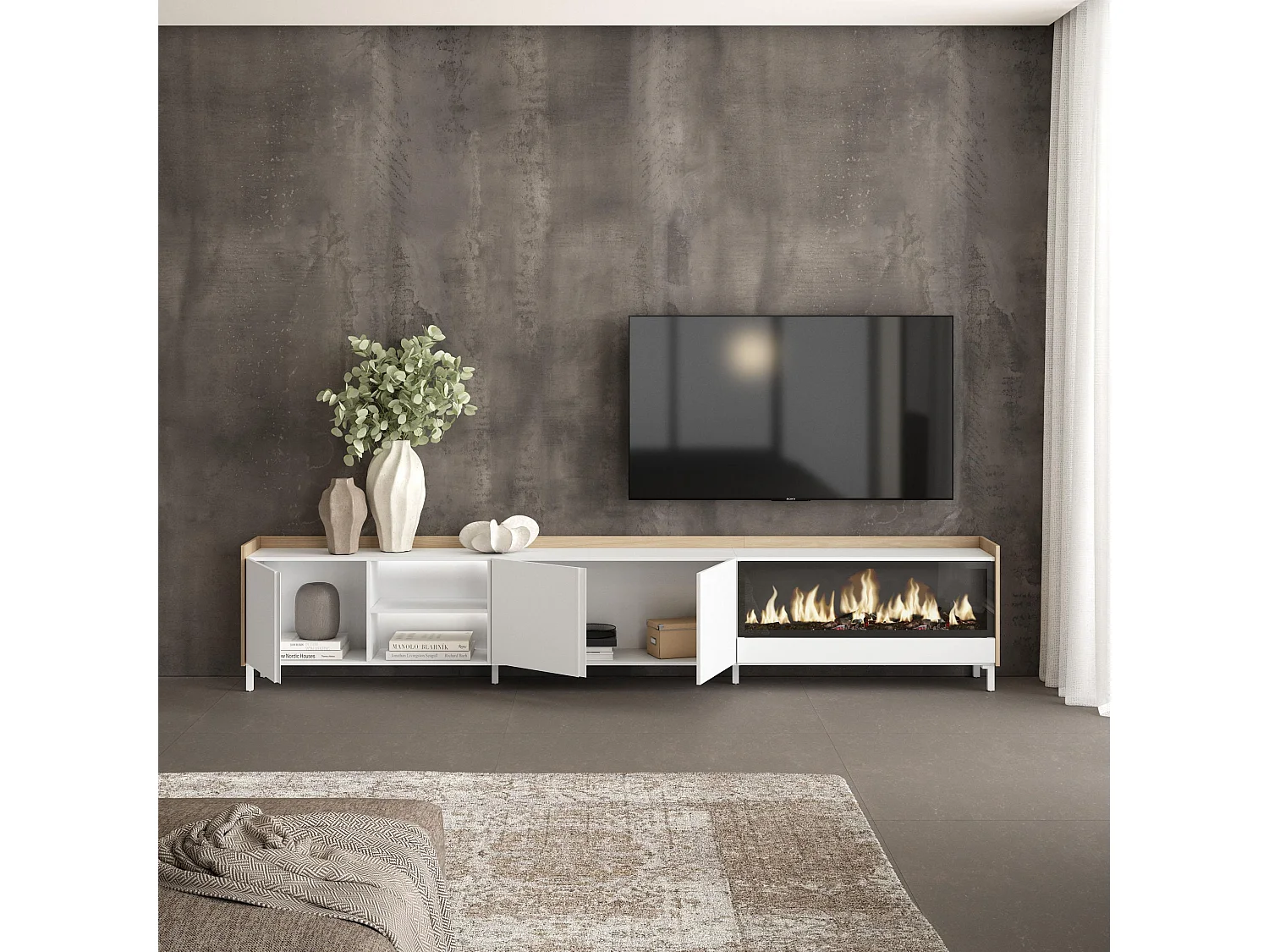 TV-Schrank, Lowboard, 315x61x35 cm, Für TV-Geräte bis zu 80", Elektrokamin XXL, Industriedesign, LED, Weiß und Eiche Soft