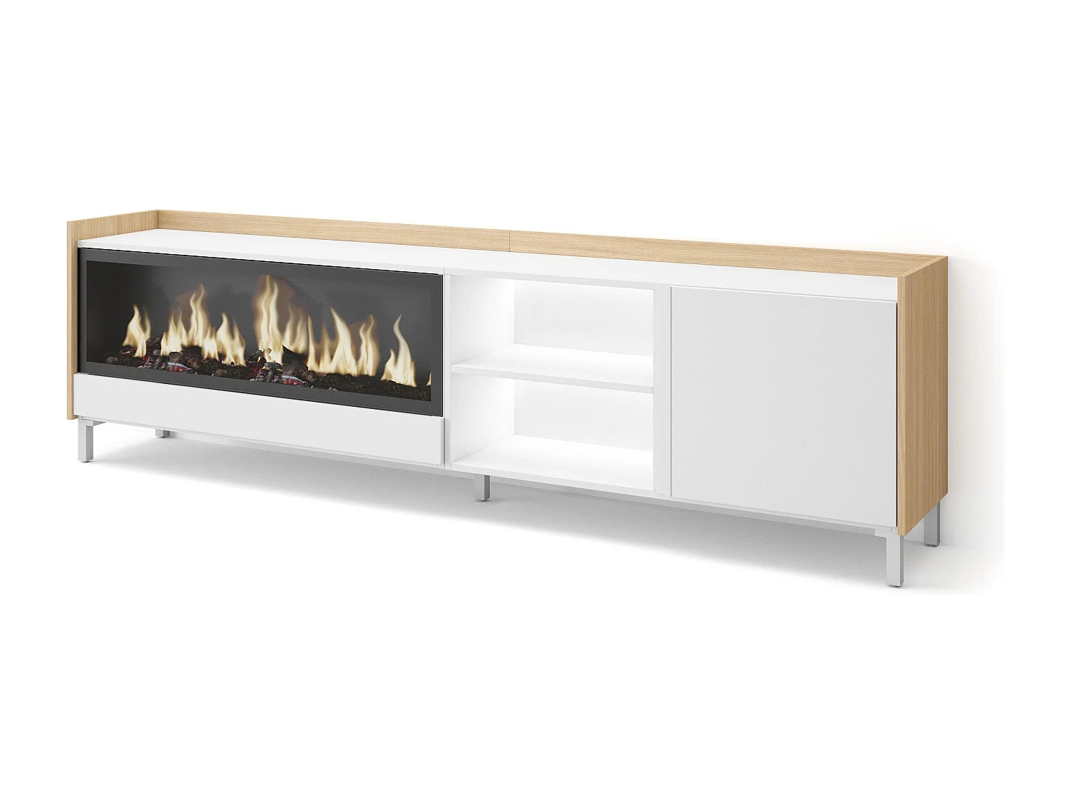 TV-Schrank, Lowboard, 212x61x35 cm, Für TV-Geräte bis zu 80", Elektrokamin XXL, Industriedesign, LED, Weiß und Eiche Soft