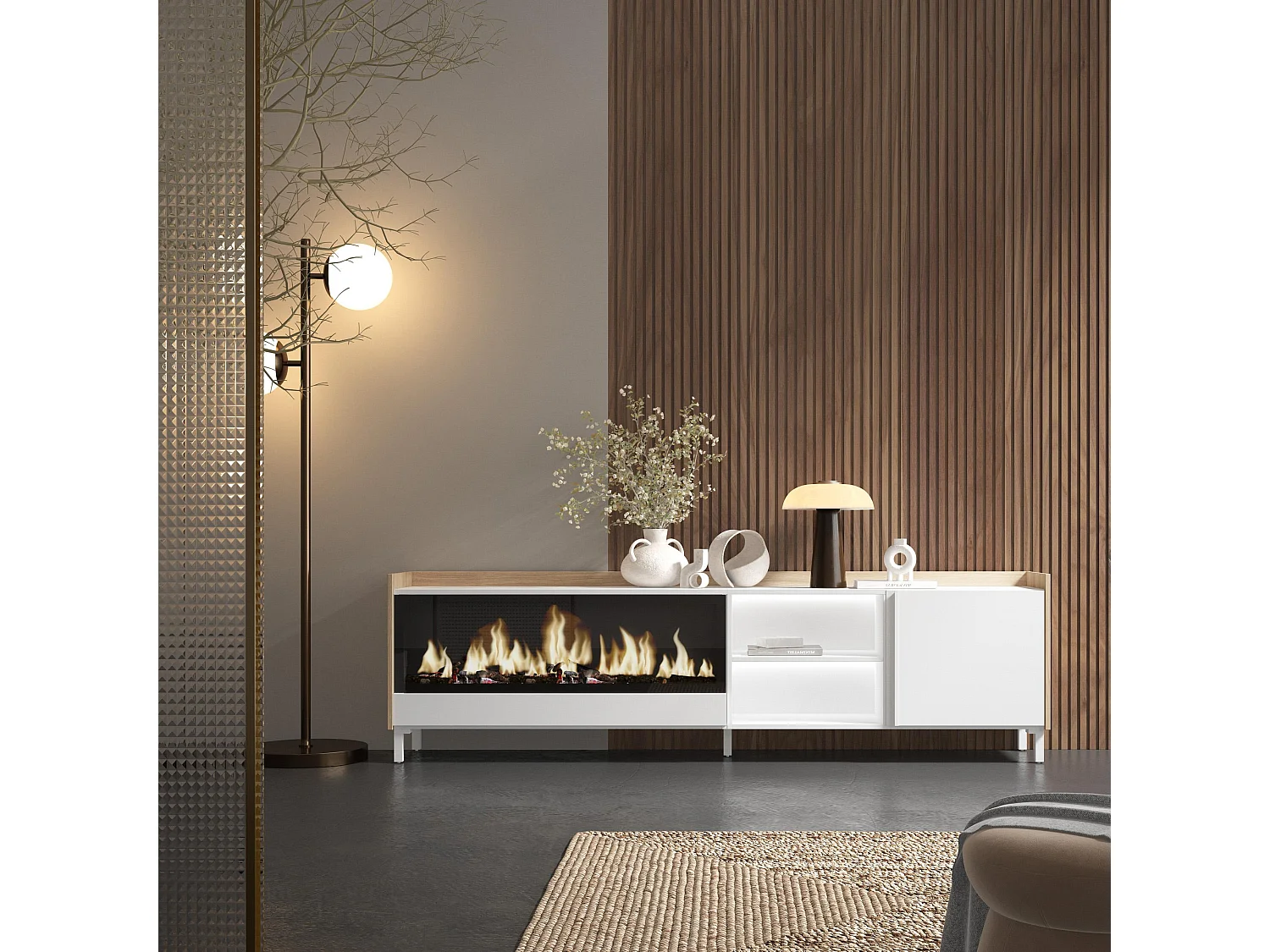 TV-Schrank, Lowboard, 212x61x35 cm, Für TV-Geräte bis zu 80", Elektrokamin XXL, Industriedesign, LED, Weiß und Eiche Soft