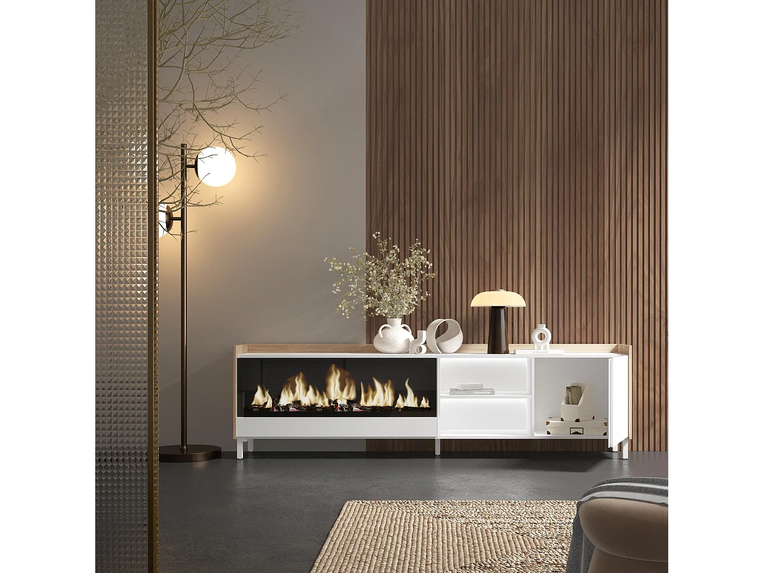 TV-Schrank, Lowboard, 212x61x35 cm, Für TV-Geräte bis zu 80", Elektrokamin XXL, Industriedesign, LED, Weiß und Eiche Soft