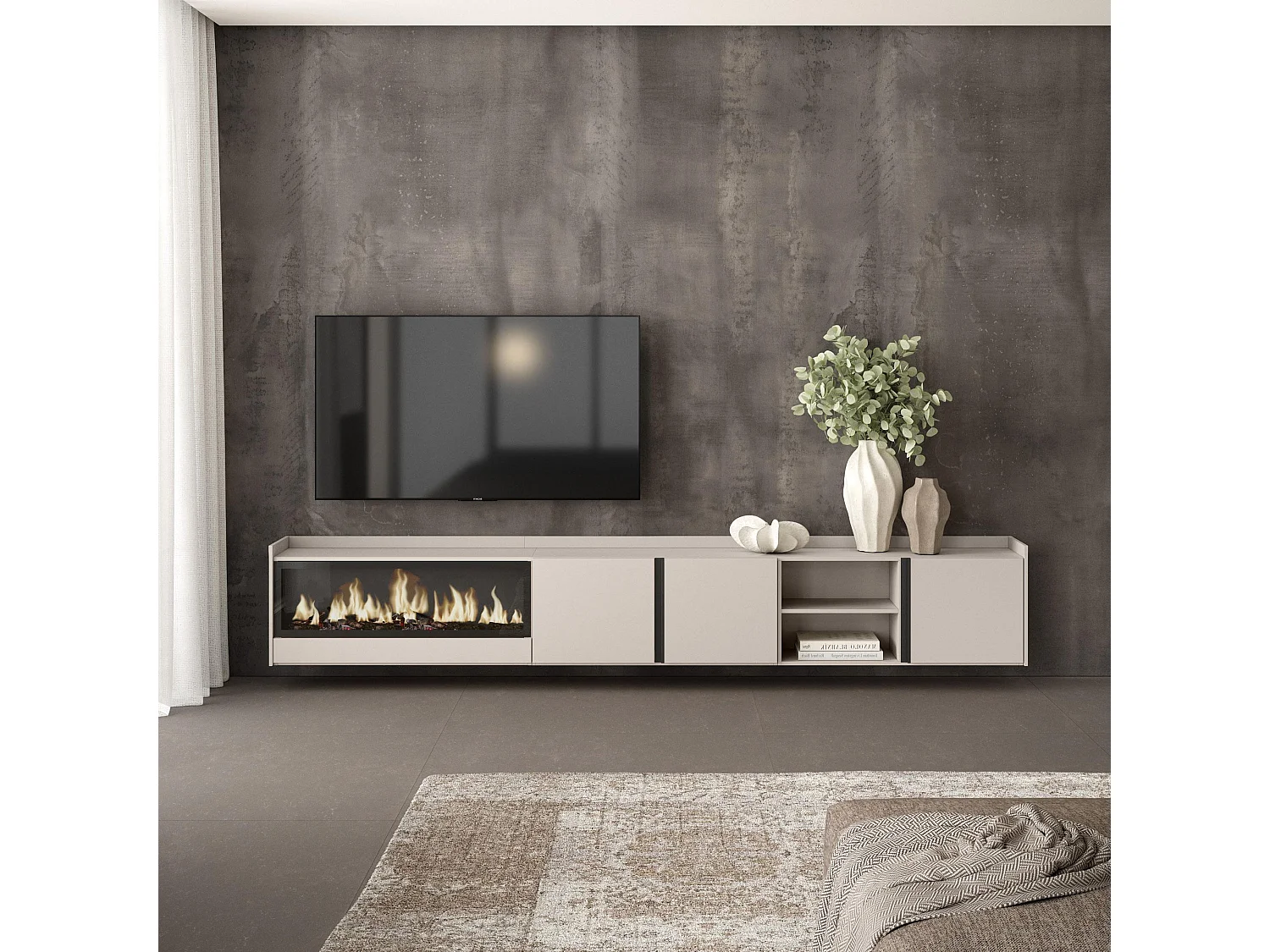 Móvel de TV, 315x50x35 cm, Para televisores até 80", Lareira eléctrica XXL, Suspensos, Bege