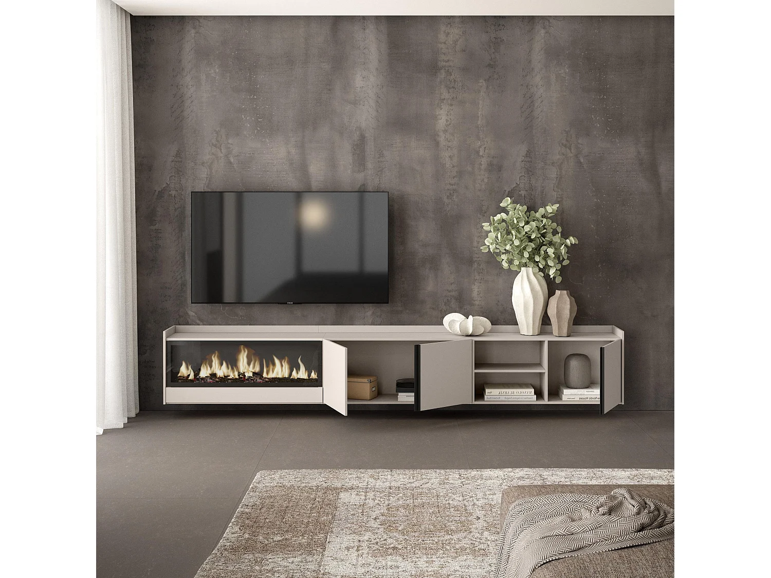 Móvel de TV, 315x50x35 cm, Para televisores até 80", Lareira eléctrica XXL, Suspensos, Bege