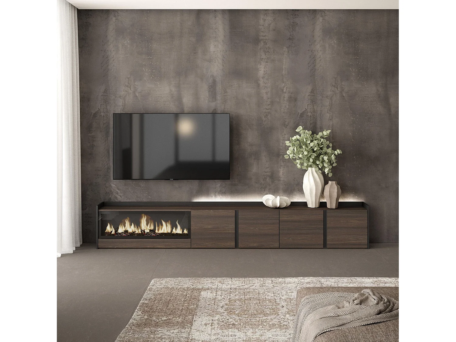 TV-Schrank, Lowboard, 315x50x35 cm, Für TV-Geräte bis zu 80", Elektrokamin XXL, LED, Dunkler Eiche und Schwarz