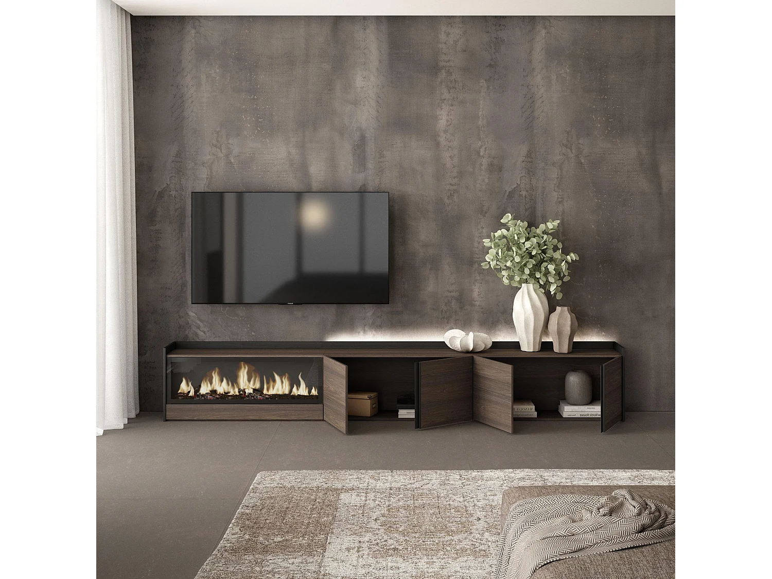 TV-Schrank, Lowboard, 315x50x35 cm, Für TV-Geräte bis zu 80", Elektrokamin XXL, LED, Dunkler Eiche und Schwarz