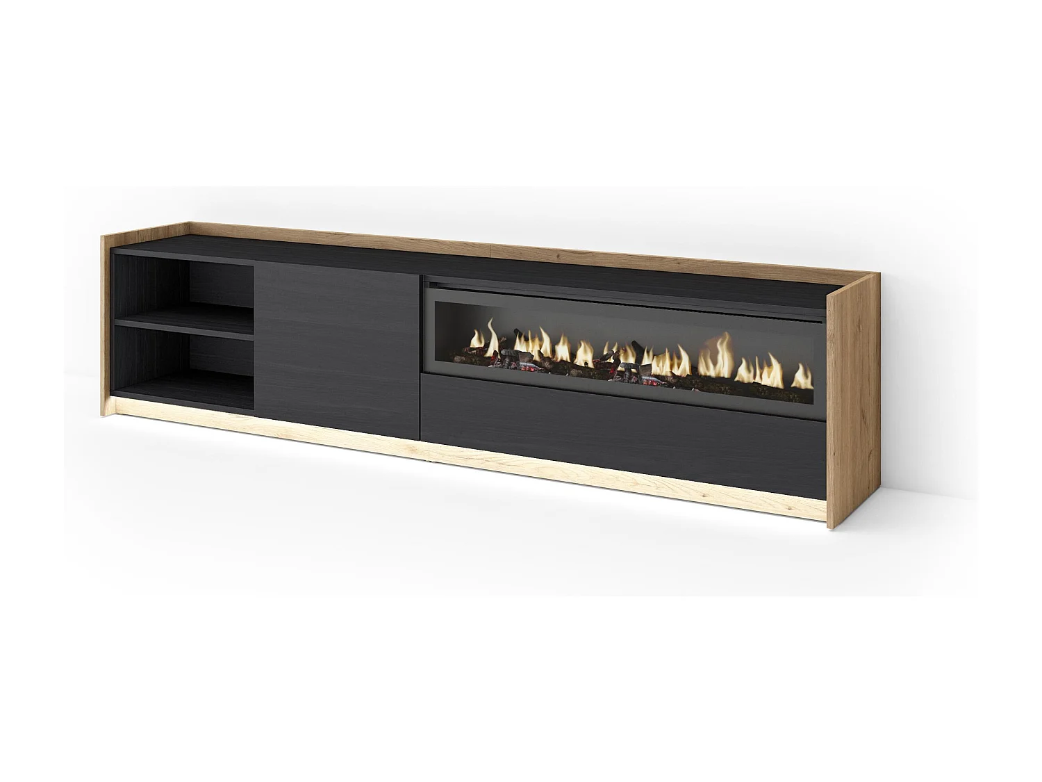 TV-Schrank, Lowboard, 207x50x37 cm, Für TV-Geräte bis zu 80", Elektrokamin., LED, Schwarz Eiche