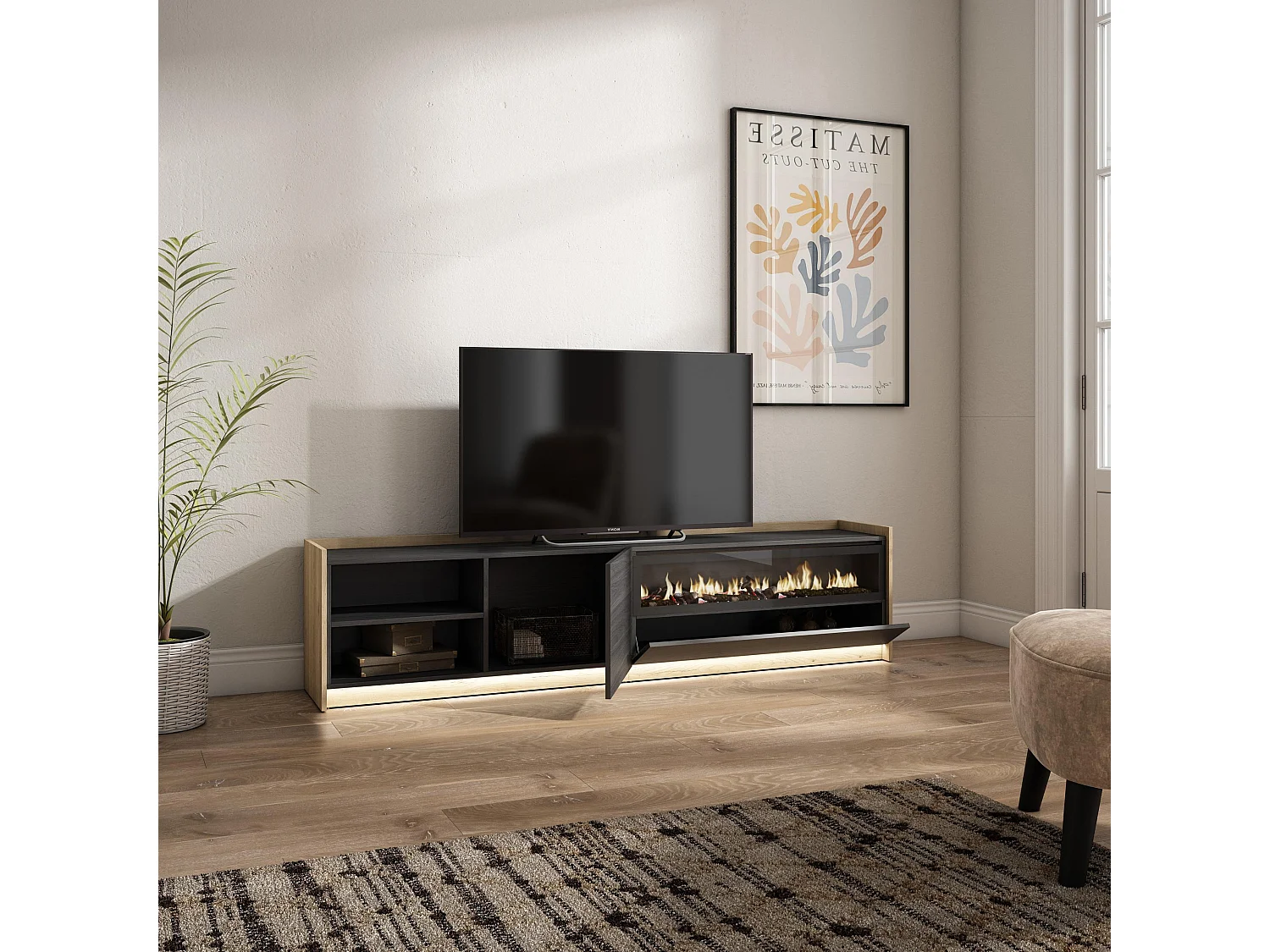 TV-Schrank, Lowboard, 207x50x37 cm, Für TV-Geräte bis zu 80", Elektrokamin., LED, Schwarz Eiche