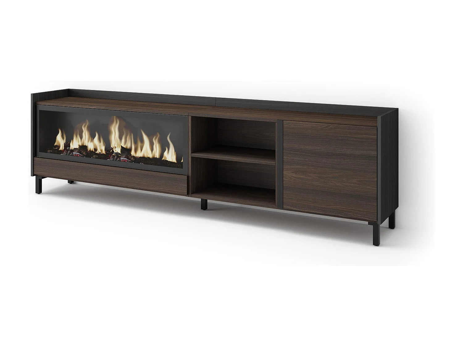 TV-Schrank, Lowboard, 212x61x35 cm, Für TV-Geräte bis zu 80", Elektrokamin XXL, Industriedesign, Dunkler Eiche und Schwarz