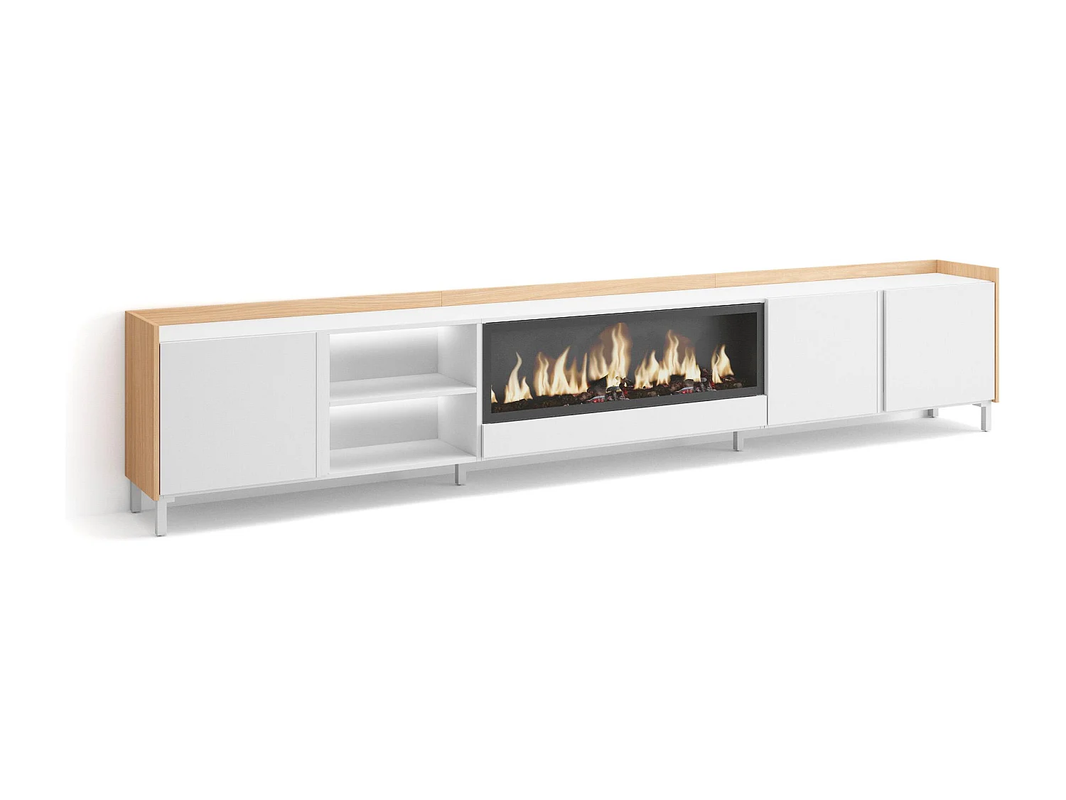 TV-Schrank, Lowboard, 315x61x35 cm, Für TV-Geräte bis zu 80", Elektrokamin XXL, Industriedesign, LED, Weiß und Eiche Soft