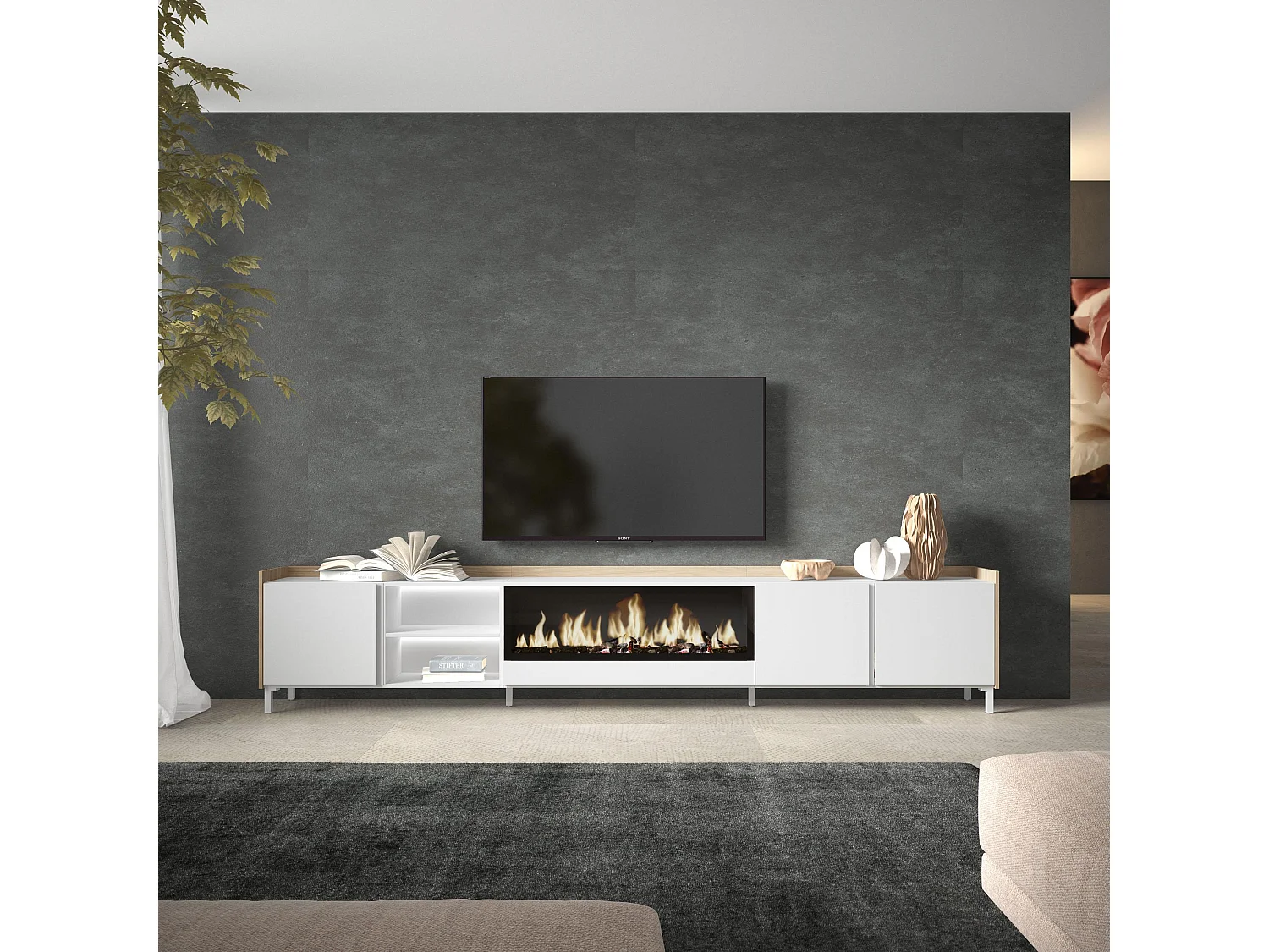 TV-Schrank, Lowboard, 315x61x35 cm, Für TV-Geräte bis zu 80", Elektrokamin XXL, Industriedesign, LED, Weiß und Eiche Soft