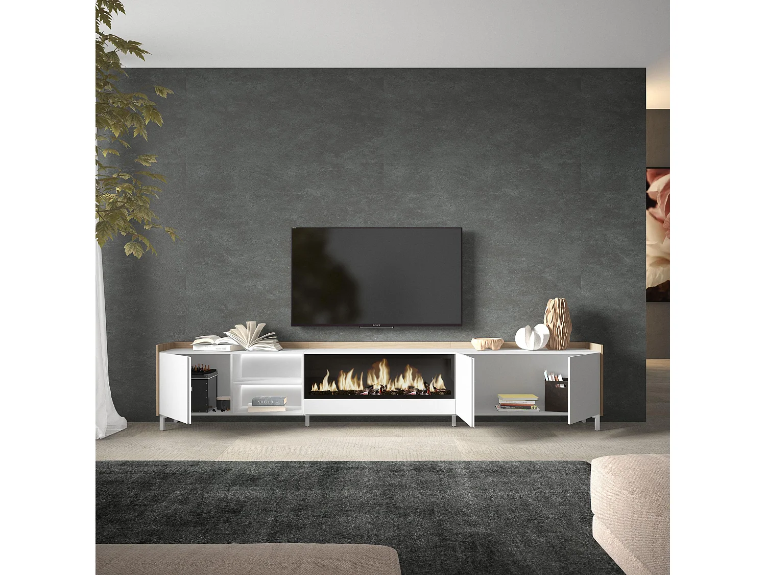 TV-Schrank, Lowboard, 315x61x35 cm, Für TV-Geräte bis zu 80", Elektrokamin XXL, Industriedesign, LED, Weiß und Eiche Soft