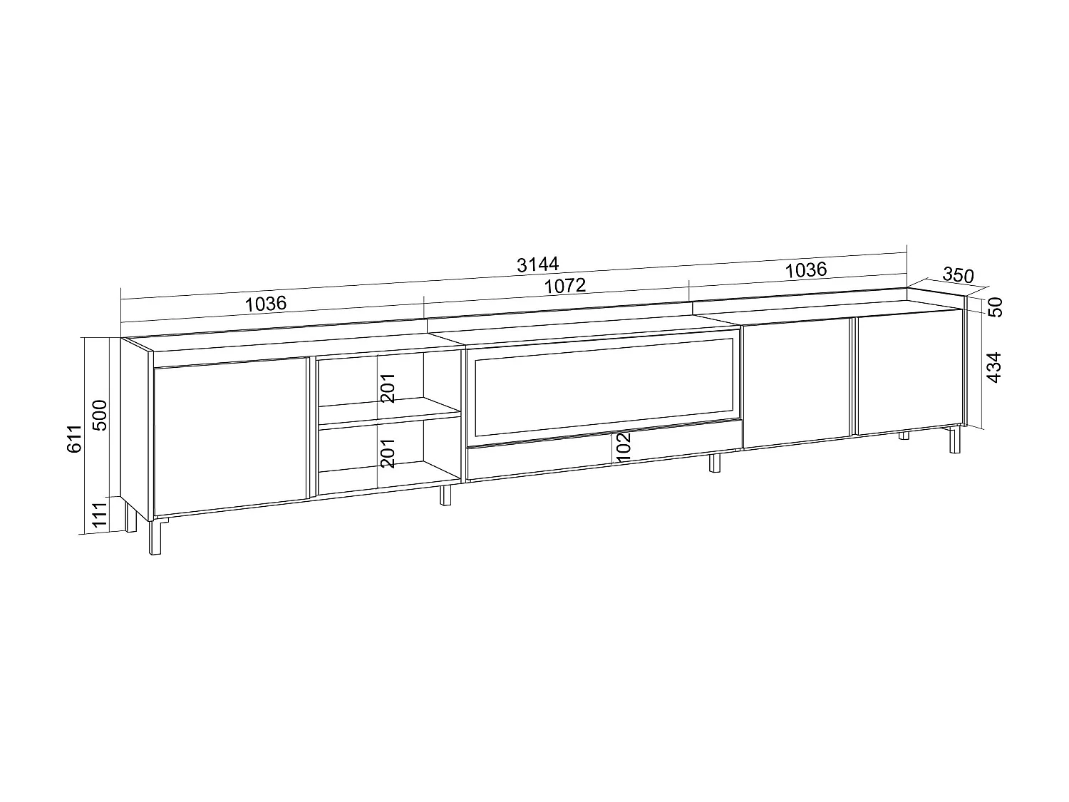 TV-Schrank, Lowboard, 315x61x35 cm, Für TV-Geräte bis zu 80", Elektrokamin XXL, Industriedesign, LED, Weiß und Eiche Soft