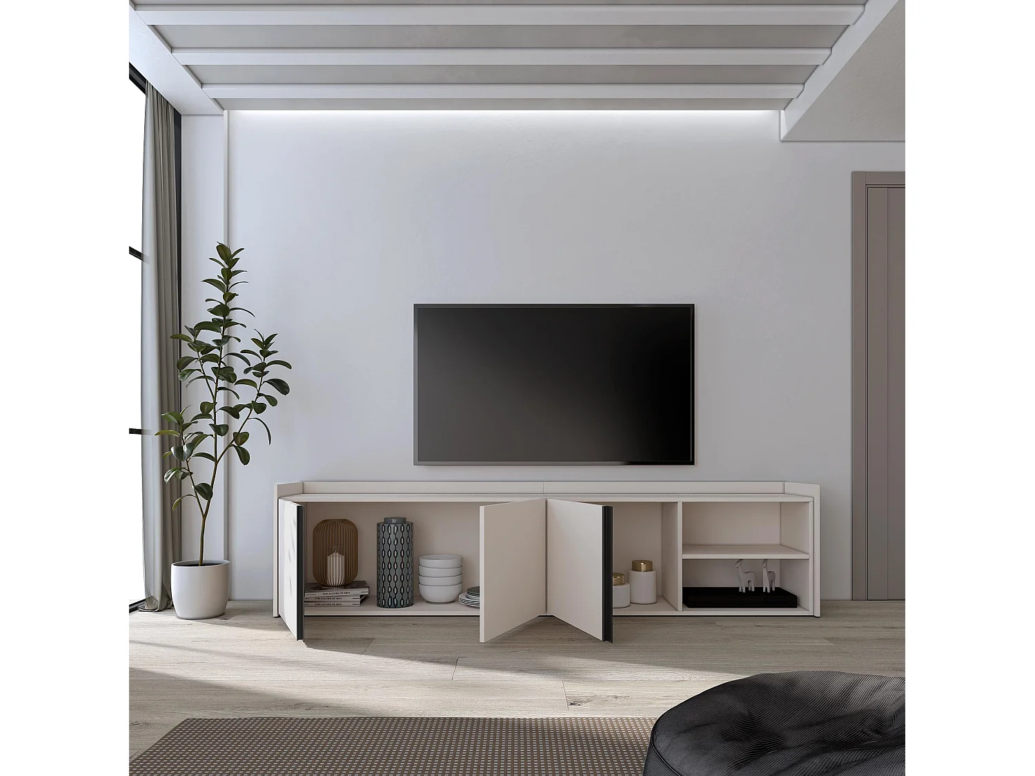 Mueble TV, Televisión, 207x50x35 cm, Para TV hasta 80", Con almacenamiento, Beige