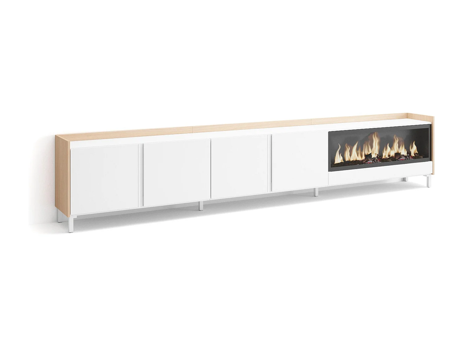 TV-Schrank, Lowboard, 315x61x35 cm, Für TV-Geräte bis zu 80", Elektrokamin XXL, Industriedesign, Weiß und Eiche Soft