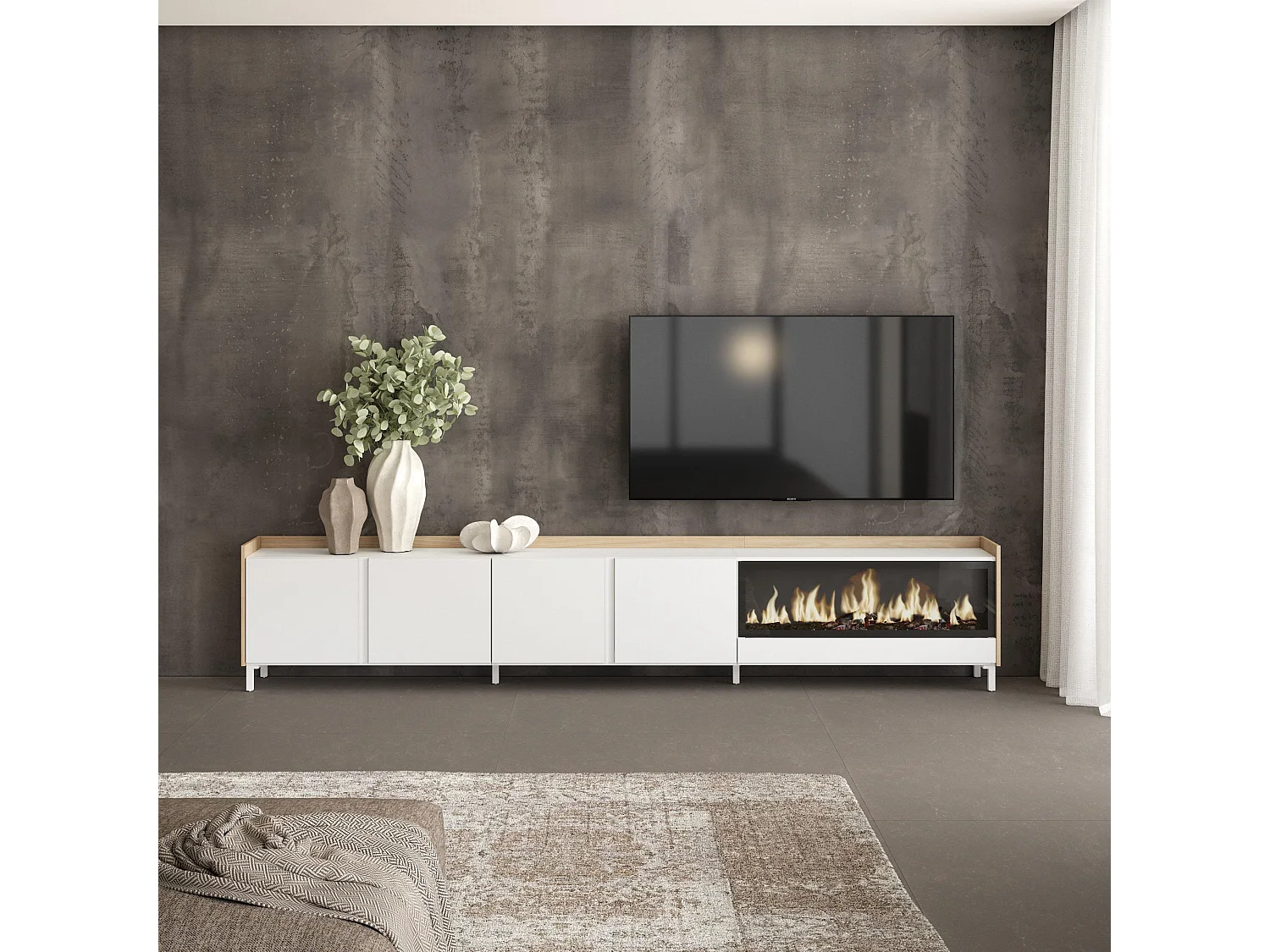 TV-Schrank, Lowboard, 315x61x35 cm, Für TV-Geräte bis zu 80", Elektrokamin XXL, Industriedesign, Weiß und Eiche Soft