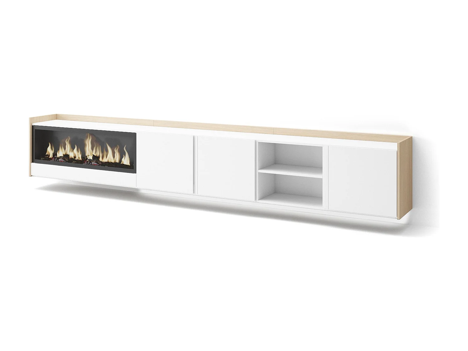 TV-Meubel, Lowboard, 315x50x35 cm, Voor tv's tot 80", Elektrische haard XXL, Hangend, LED, Wit en Eiken soft