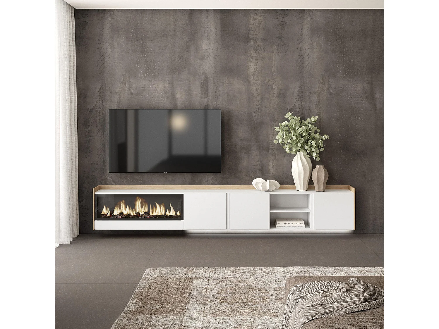 TV-Meubel, Lowboard, 315x50x35 cm, Voor tv's tot 80", Elektrische haard XXL, Hangend, LED, Wit en Eiken soft