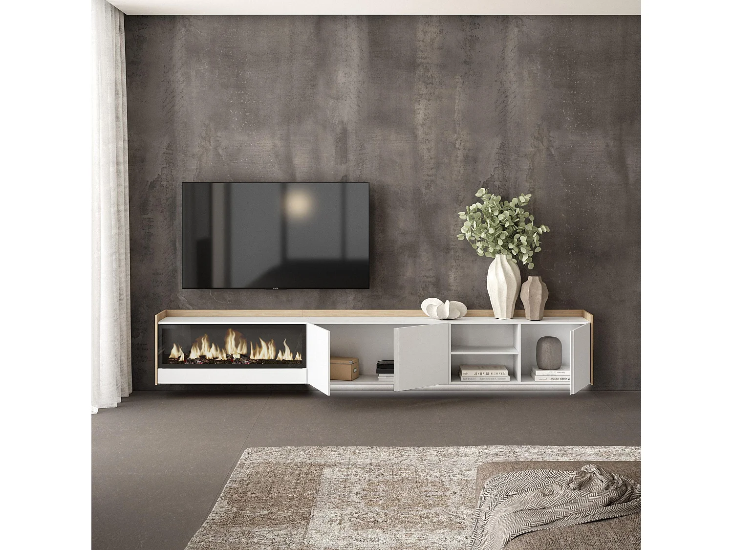 TV-Meubel, Lowboard, 315x50x35 cm, Voor tv's tot 80", Elektrische haard XXL, Hangend, LED, Wit en Eiken soft