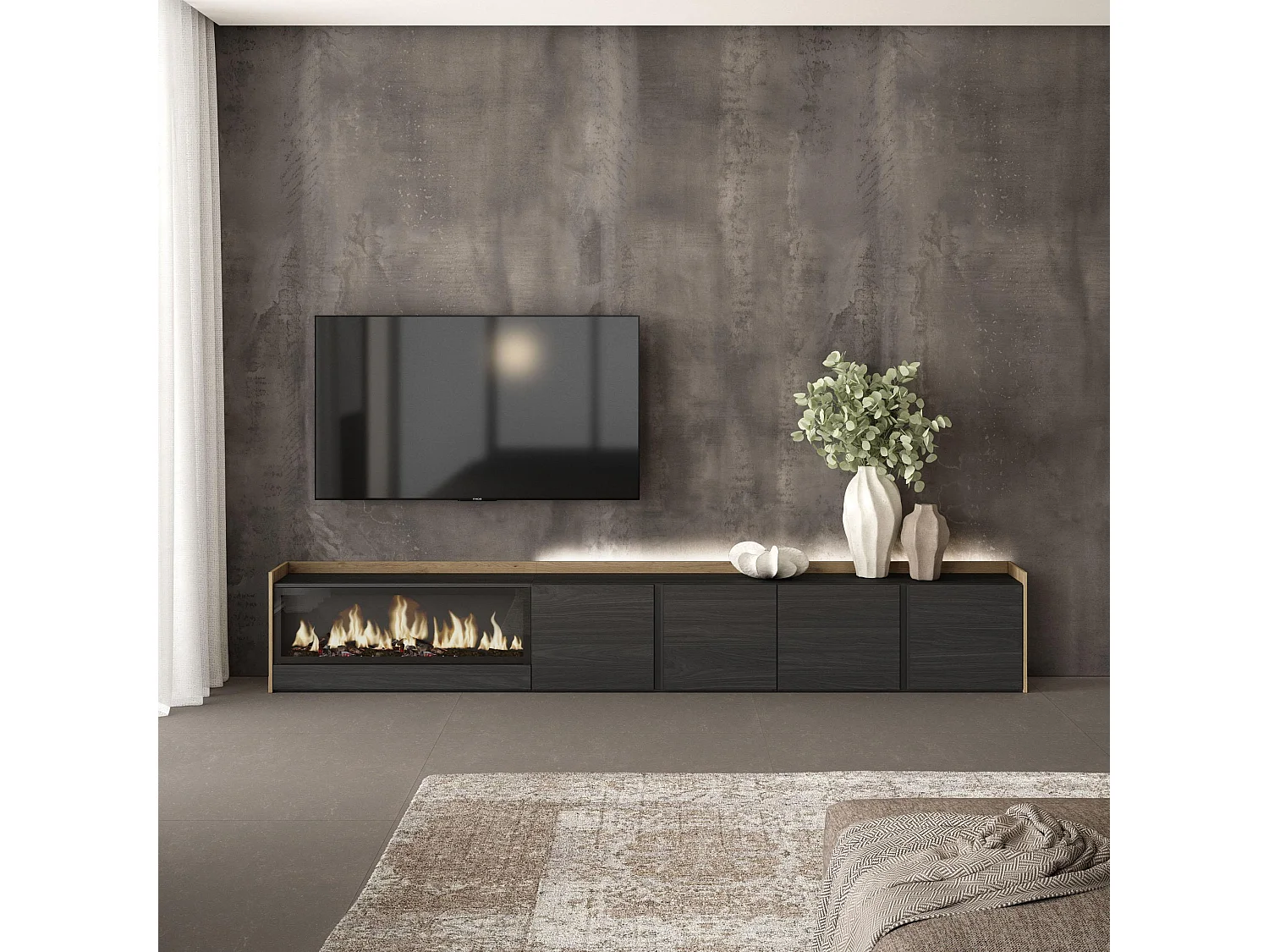 TV-Schrank, Lowboard, 315x50x35 cm, Für TV-Geräte bis zu 80", Elektrokamin XXL, LED, Schwarz Eiche