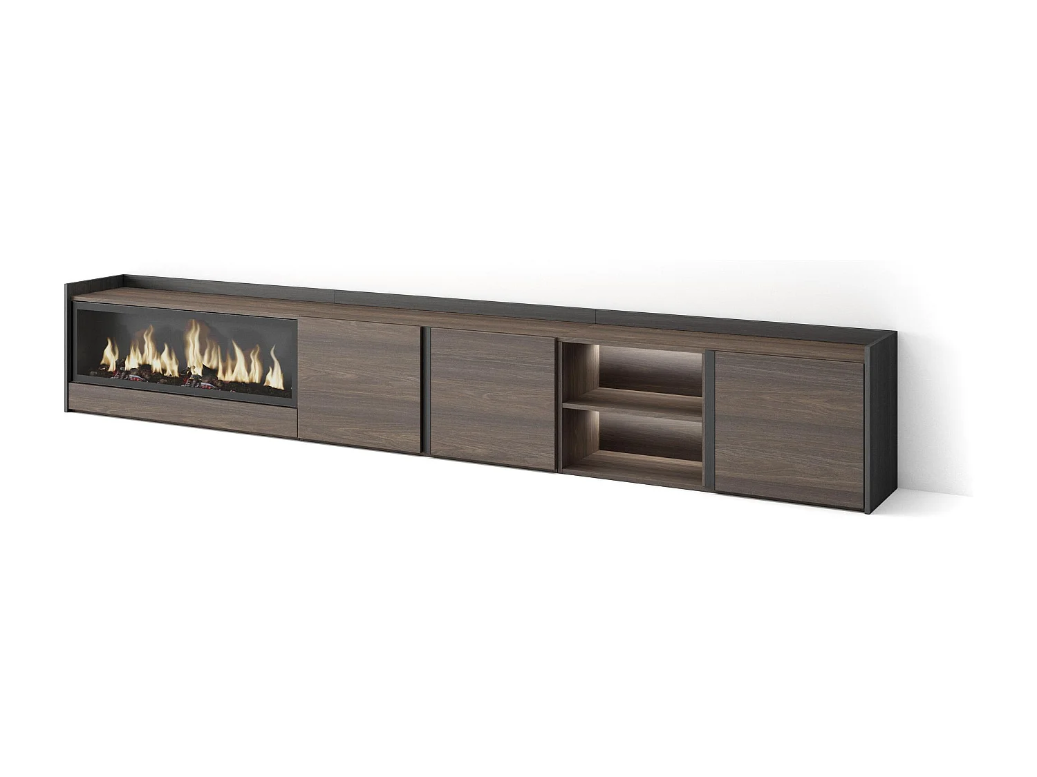 TV-Schrank, Lowboard, 315x50x35 cm, Für TV-Geräte bis zu 80", Elektrokamin XXL, LED, Dunkler Eiche und Schwarz