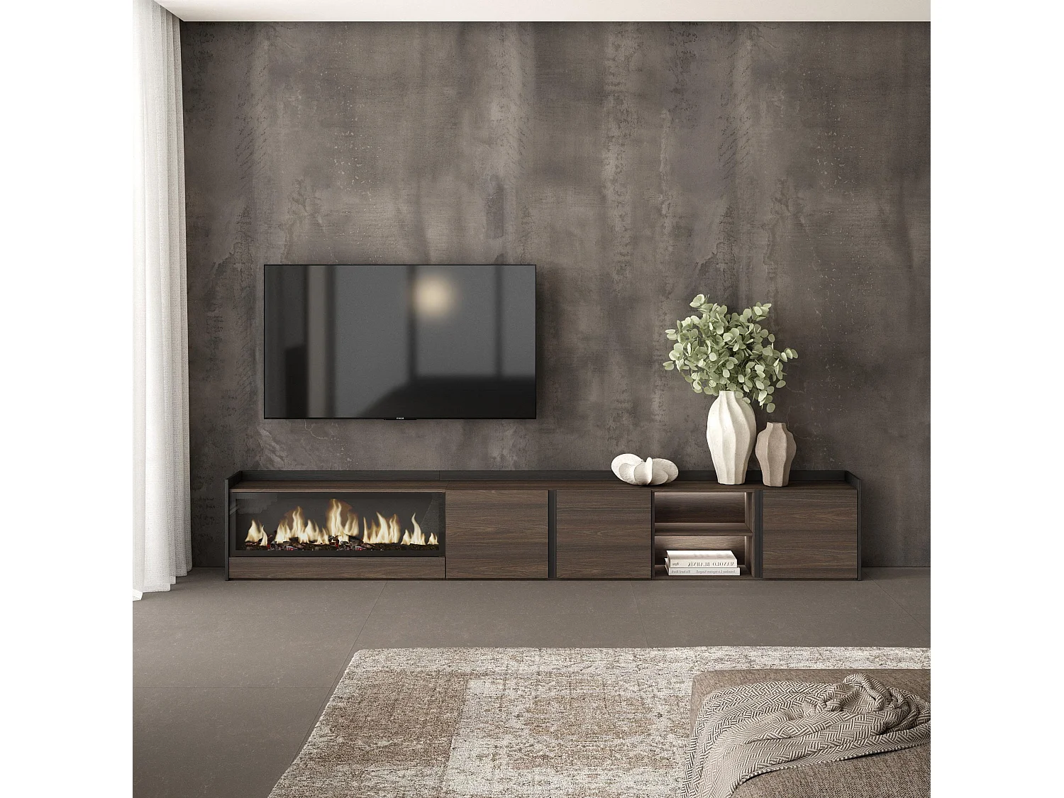 TV-Schrank, Lowboard, 315x50x35 cm, Für TV-Geräte bis zu 80", Elektrokamin XXL, LED, Dunkler Eiche und Schwarz