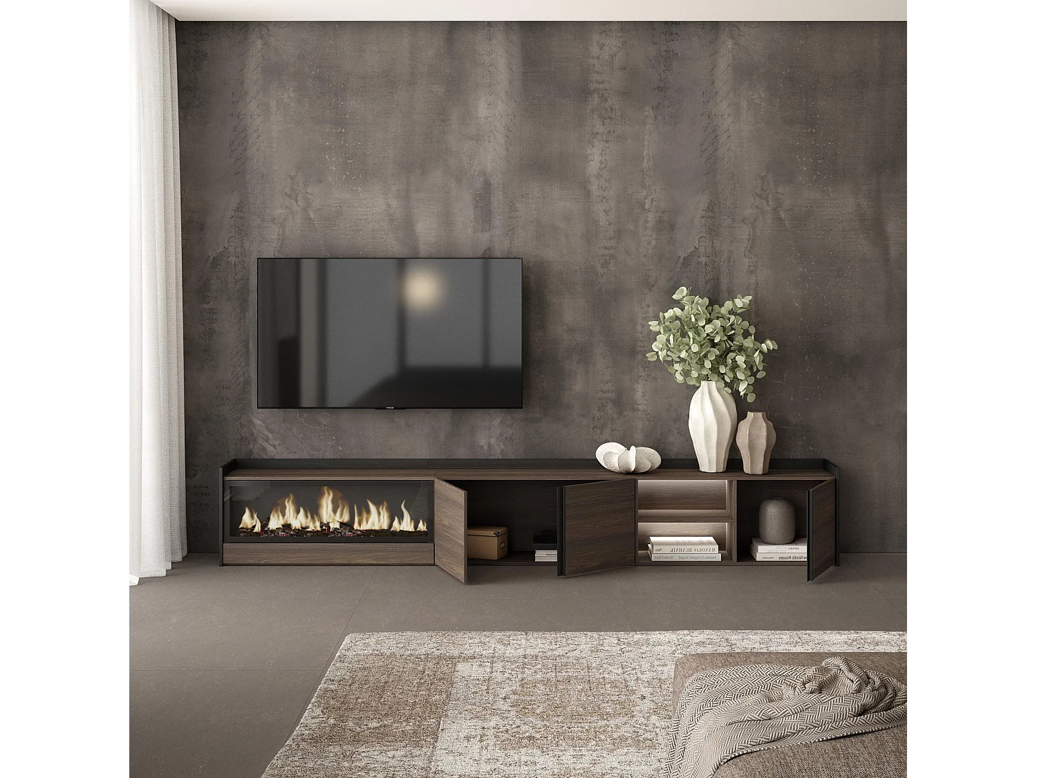 TV-Schrank, Lowboard, 315x50x35 cm, Für TV-Geräte bis zu 80", Elektrokamin XXL, LED, Dunkler Eiche und Schwarz