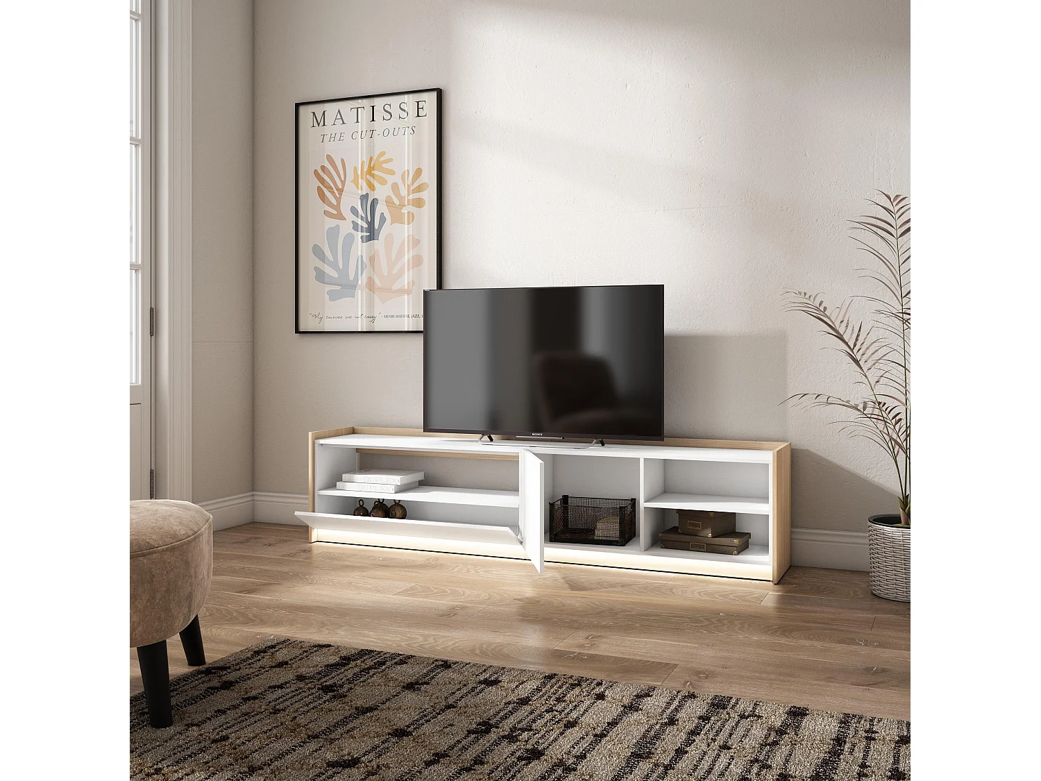 Móvel de TV, 207x50x37 cm, Para televisores até 80", LED, Branco e Carvalho soft