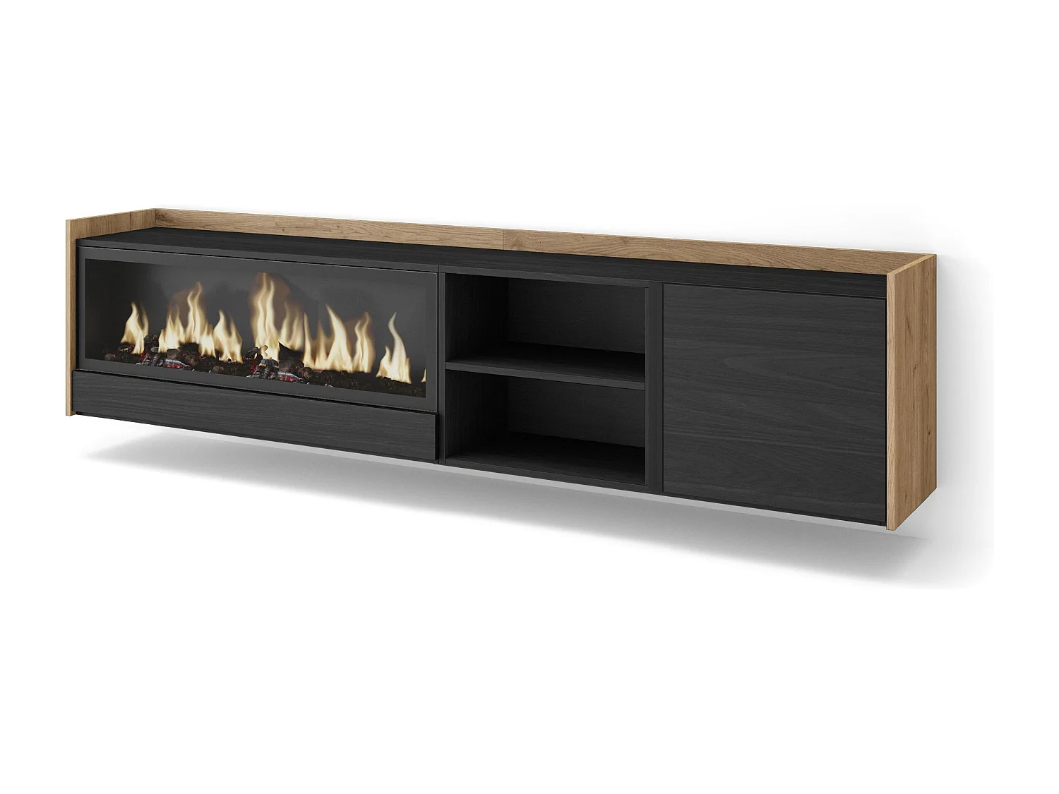 Móvel de TV, 212x50x35 cm, Para televisores até 80", Lareira eléctrica XXL, Suspensos, Preto e Carvalho