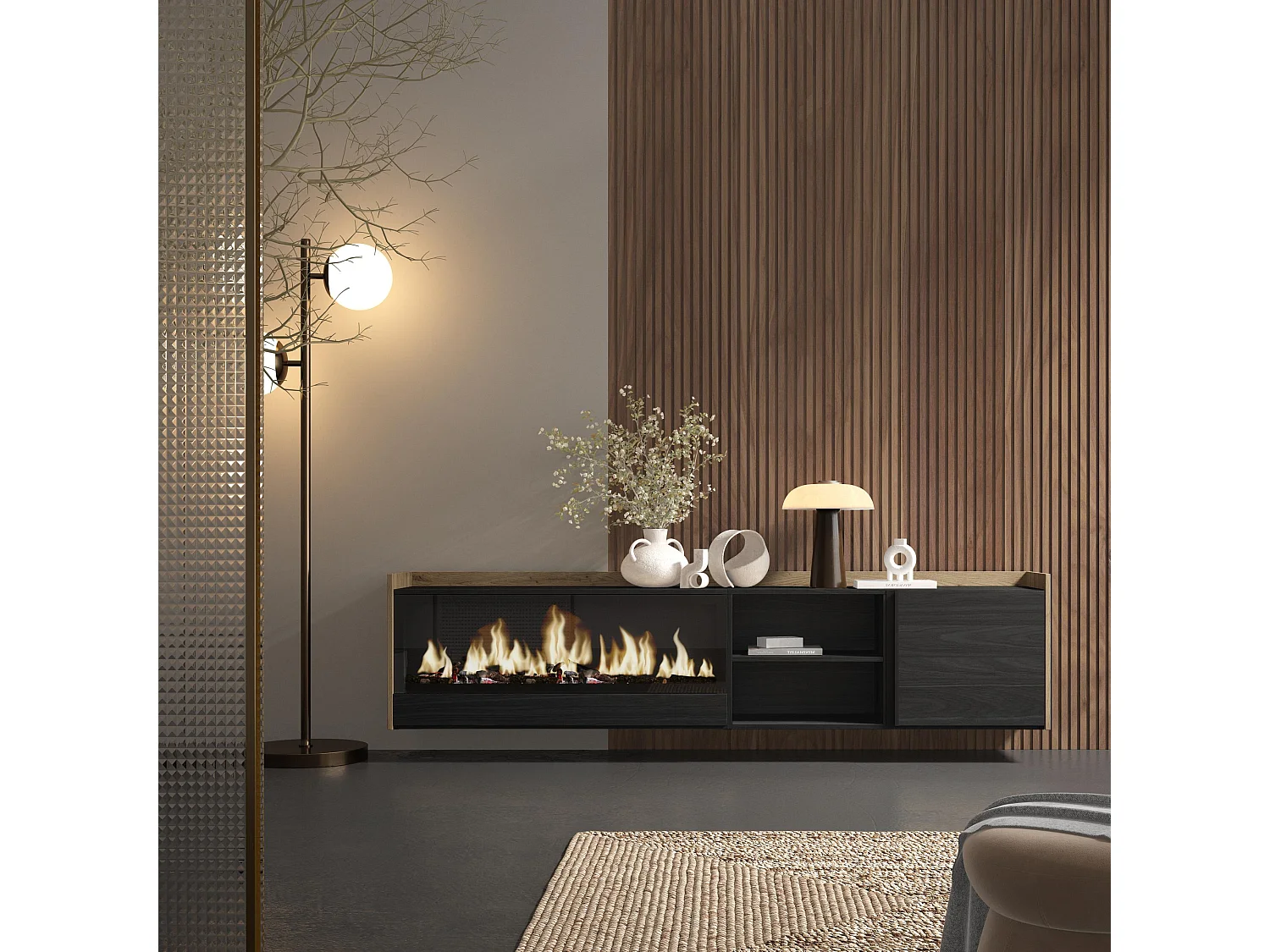 Móvel de TV, 212x50x35 cm, Para televisores até 80", Lareira eléctrica XXL, Suspensos, Preto e Carvalho