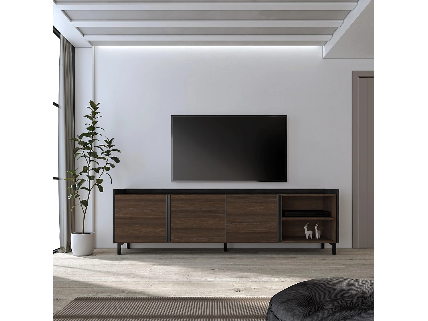 Mueble TV, Televisión, 207x61x35 cm, Para TV hasta 80", Diseño industrial, Roble oscuro y Negro