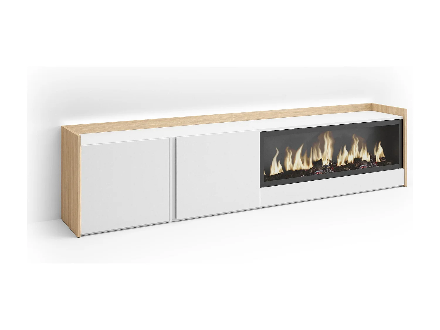 TV-Schrank, Lowboard, 212x50x35 cm, Für TV-Geräte bis zu 80", Elektrokamin XXL, LED, Weiß und Eiche Soft