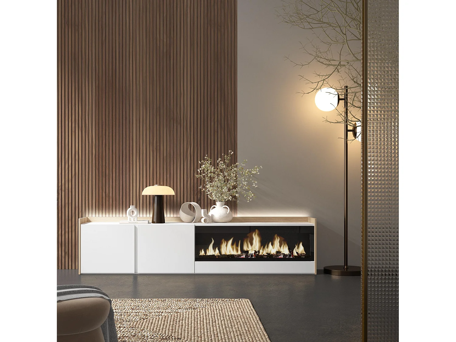 TV-Schrank, Lowboard, 212x50x35 cm, Für TV-Geräte bis zu 80", Elektrokamin XXL, LED, Weiß und Eiche Soft