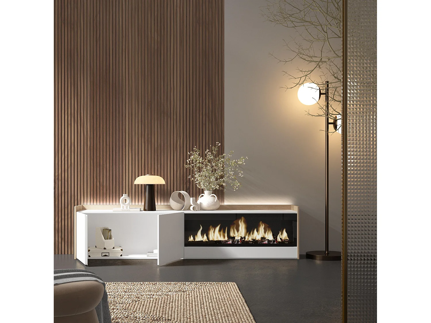 TV-Schrank, Lowboard, 212x50x35 cm, Für TV-Geräte bis zu 80", Elektrokamin XXL, LED, Weiß und Eiche Soft