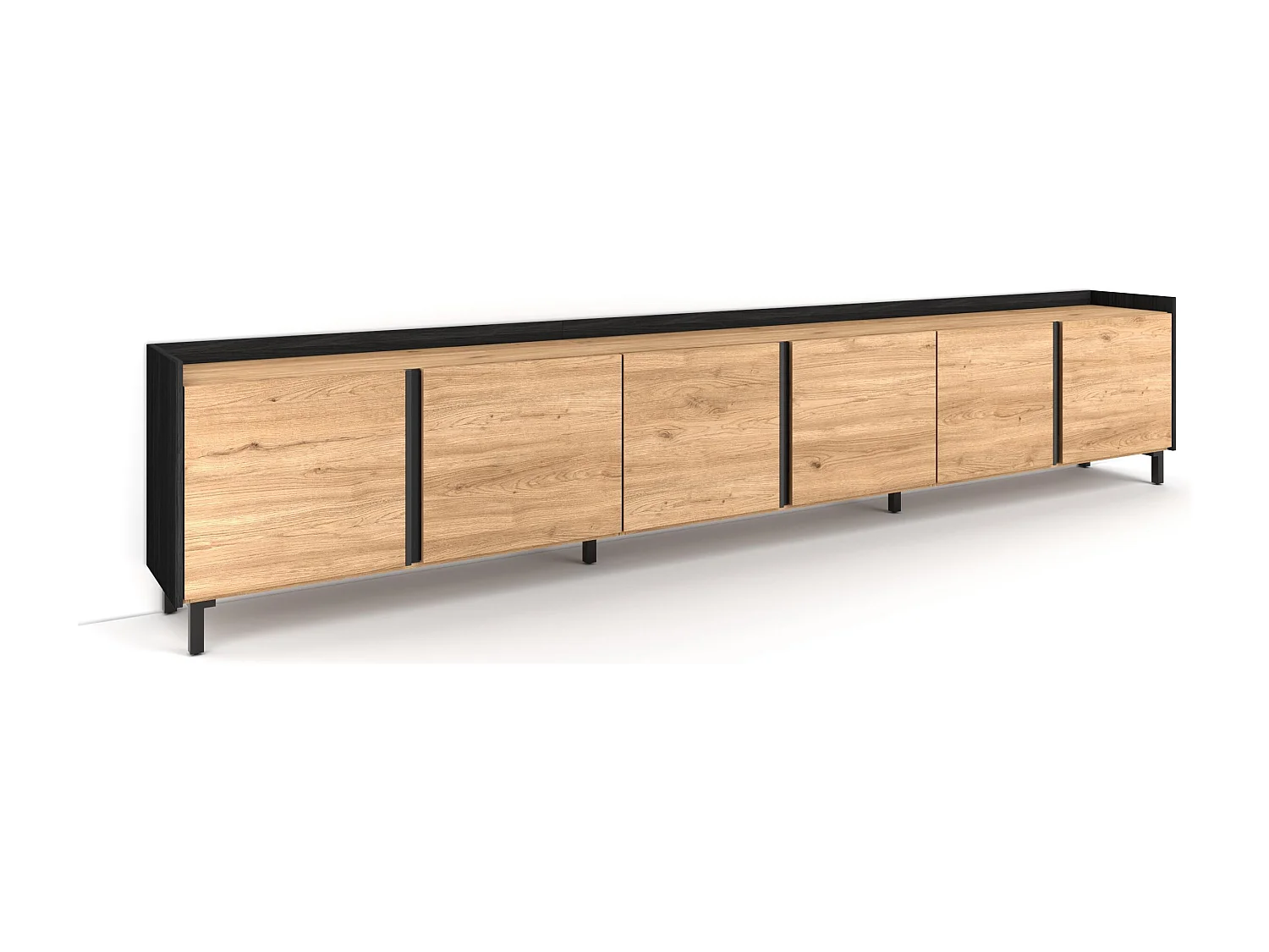 Mueble TV, Televisión, 309x61x35 cm, Para TV hasta 80", Diseño industrial, Roble y negro