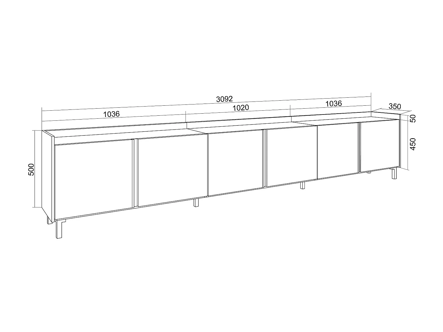 Mueble TV, Televisión, 309x61x35 cm, Para TV hasta 80", Diseño industrial, Roble y negro